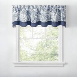 Ellis Curtain - ELLIS 100% Cotton Victoria Park Toile Bradford Shaped Valance With Print over Solid 70" x 15" - Blue