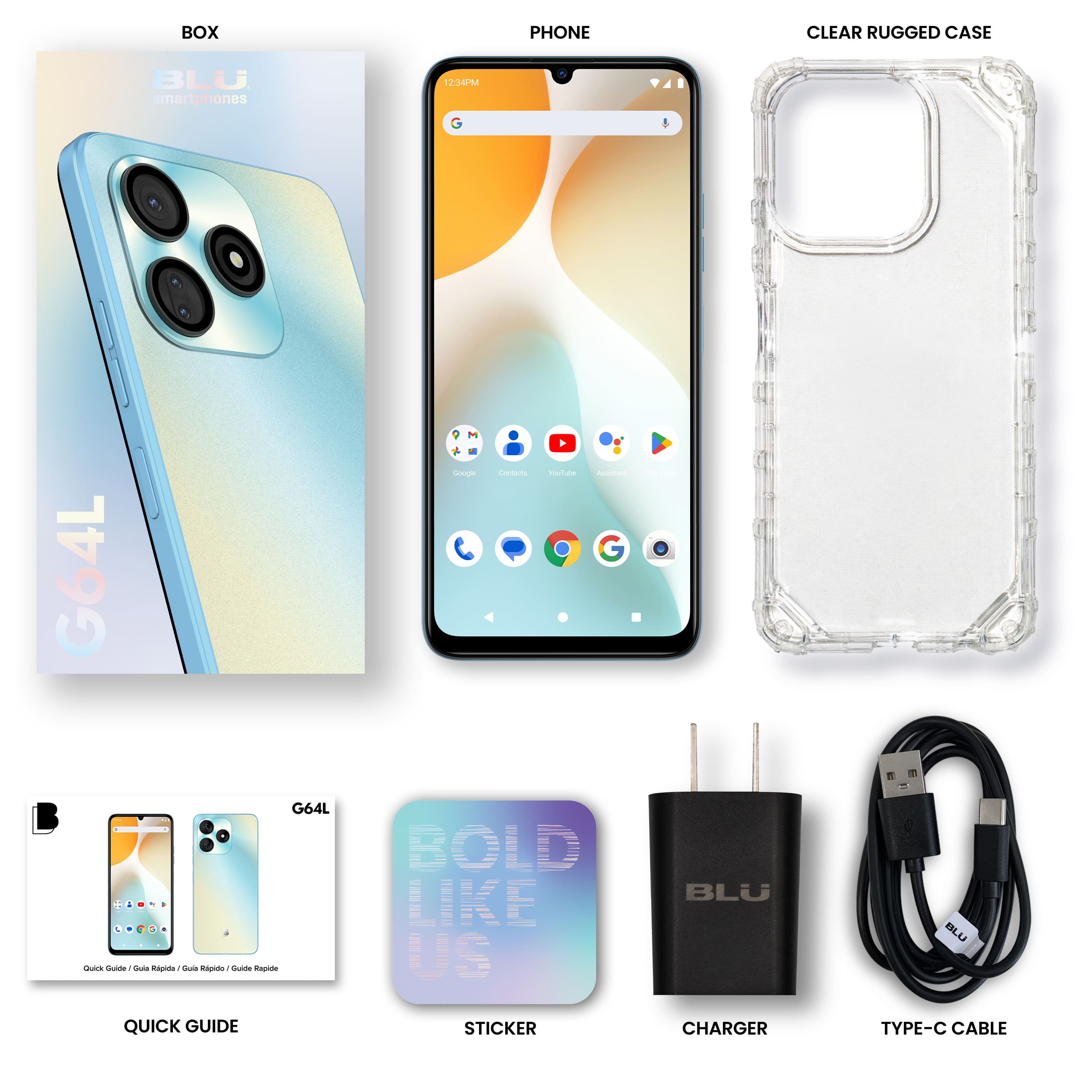 The image features a variety of products related to smartphones. There is a clear rugged case for a BLU smartphone, a box for the phone, a quick guide sticker, a charger with a Type-C cable, and a charger with a USB cable. The products are displayed in a visually appealing manner, showcasing the different accessories available for the BLU smartphone.