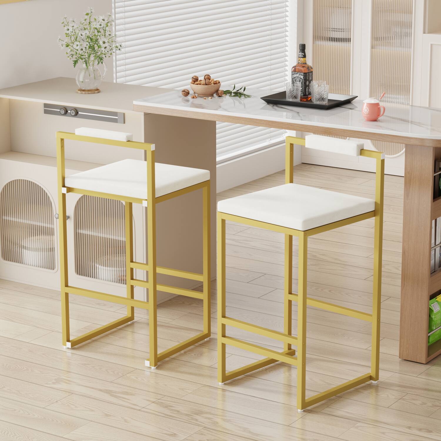 Front. HTUTWOO - Upholstered Velvet Bar Stools Set of 2, Modern Counter Height Chairs with Creamy White Seat and Gold Metal Legs - Gold.