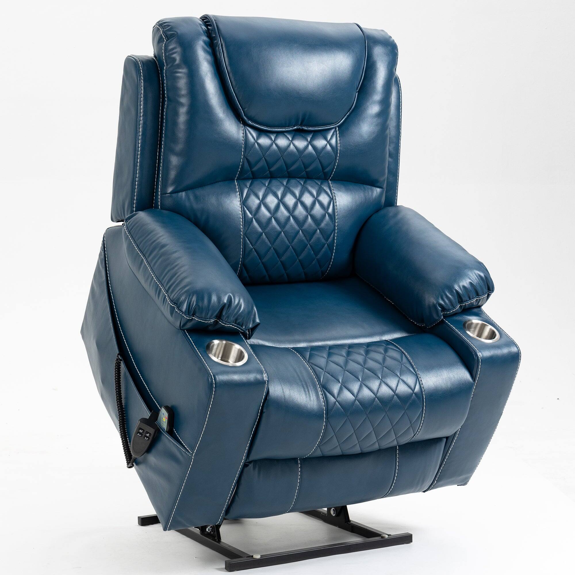 Alt View 1. Boyel Living - Oversized Elderly Electric Lift Chair Dual OKIN Motor 180° Flat Massage Heating Dual Cup Holder Living Room Furniture - BLUE.