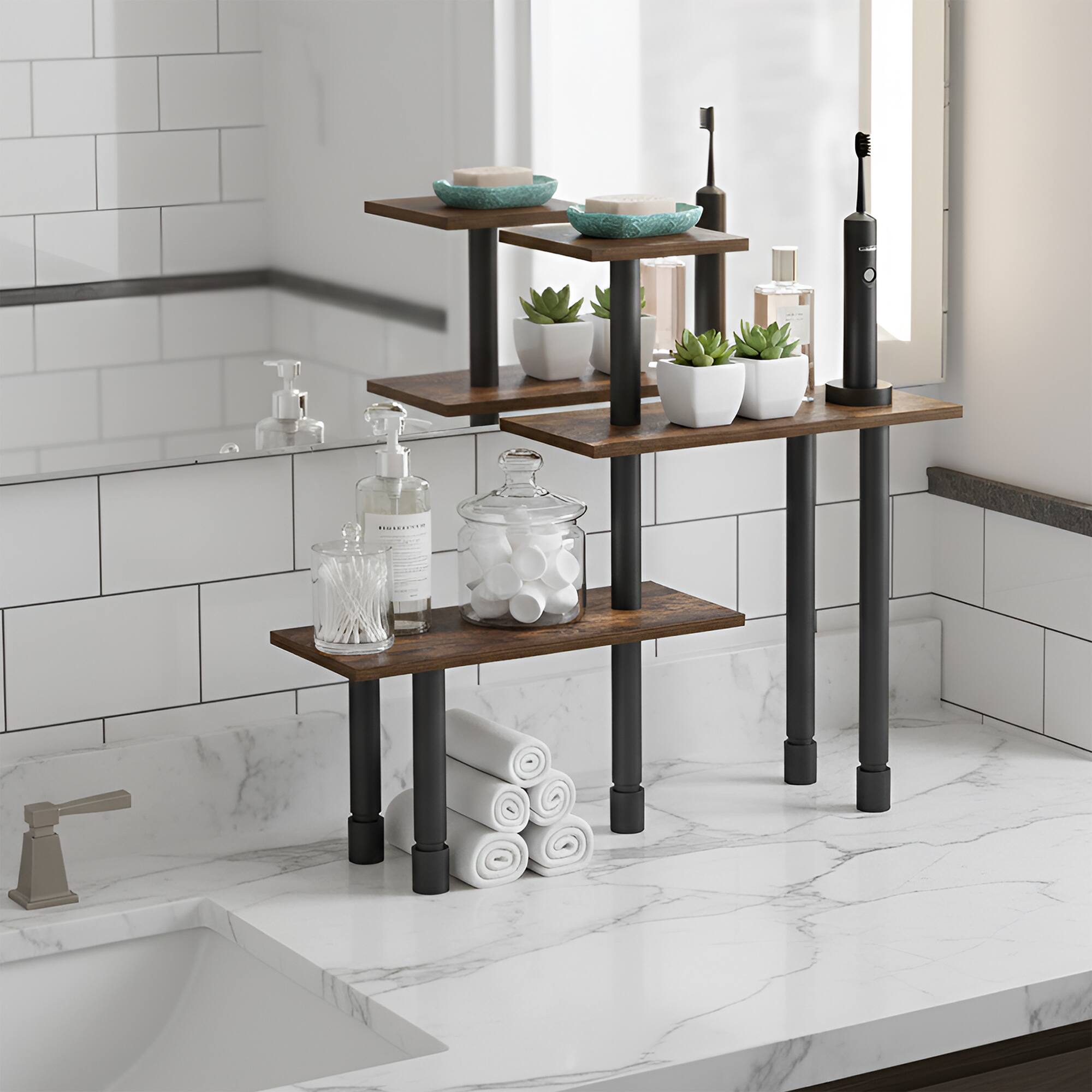 Alt View 1. Furinno - TURN-N-TUBE Corner Shelf, Organizers and Accessories, Adjustable Desk Shelf, for Small Spaces, Home Office, Bathroom - Amber Pine/Black.