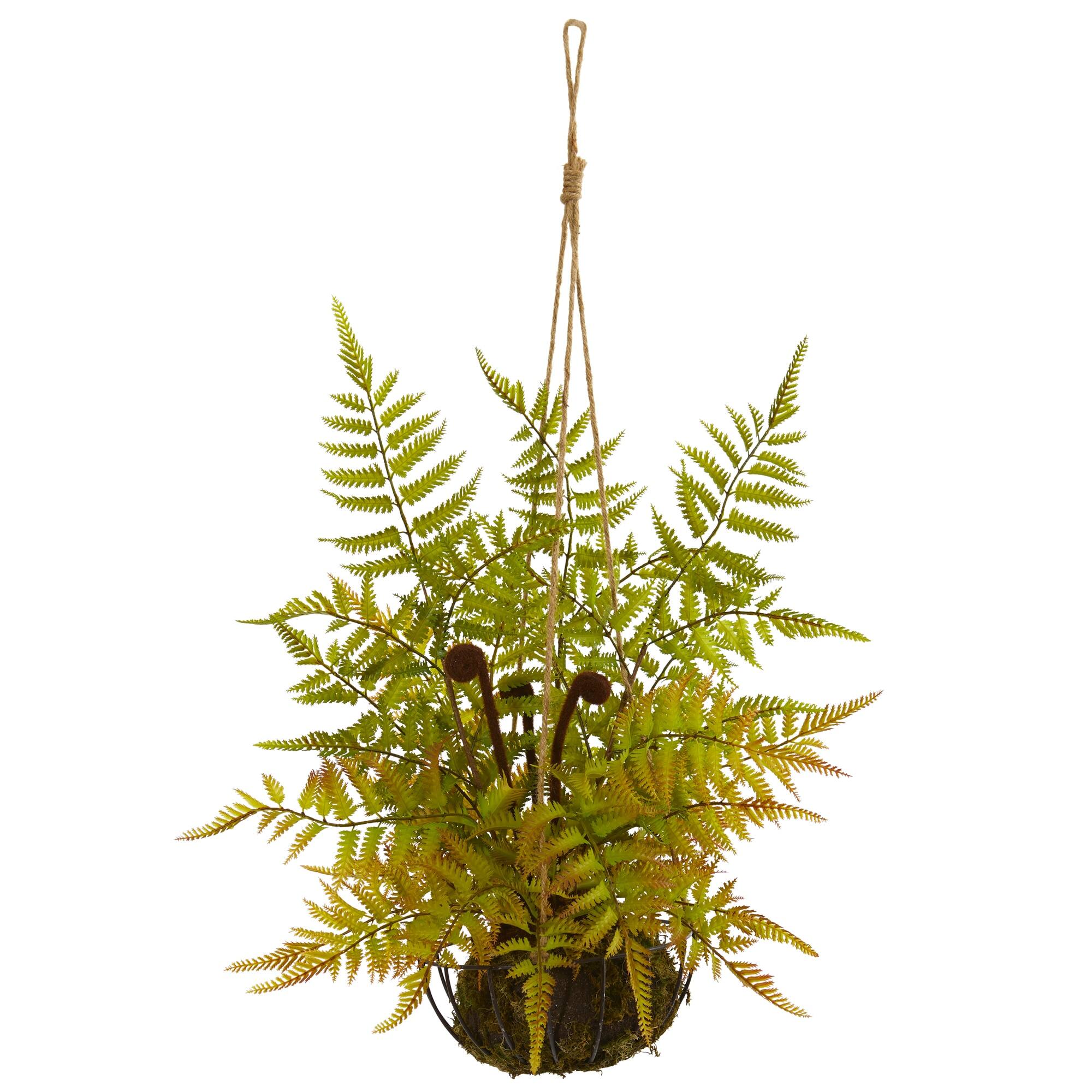 BreeBe - 21" Fern Artificial Plant in Metal Hanging Basket - Green