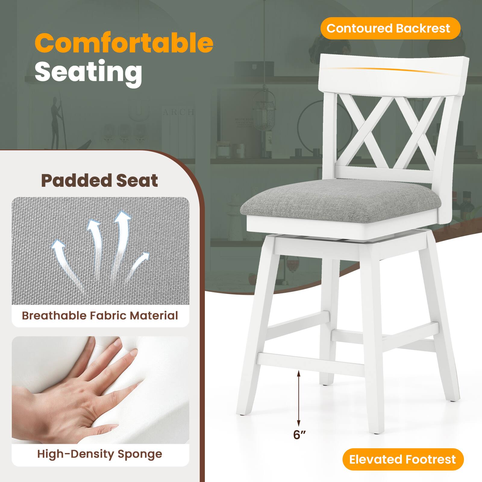 Comfortable Seating  
Contoured Backrest  
Padded Seat  
Breathable Fabric Material  
High-Density Sponge  
6" Elevated Footrest