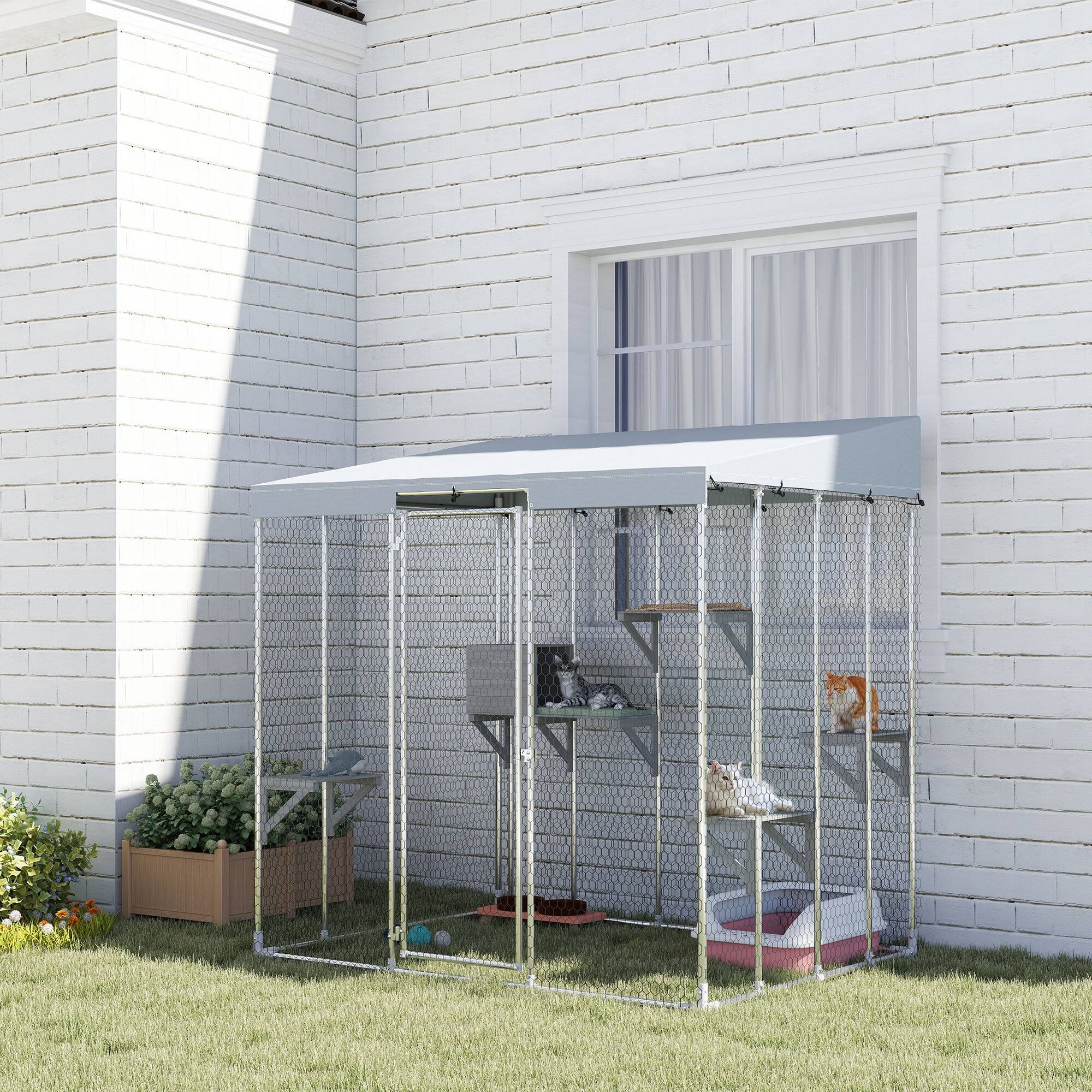 Alt View 1. Pawhut - Galvanized Steel Large Catio with Waterproof Canopy, Sleeping Box, Jumping Platforms.