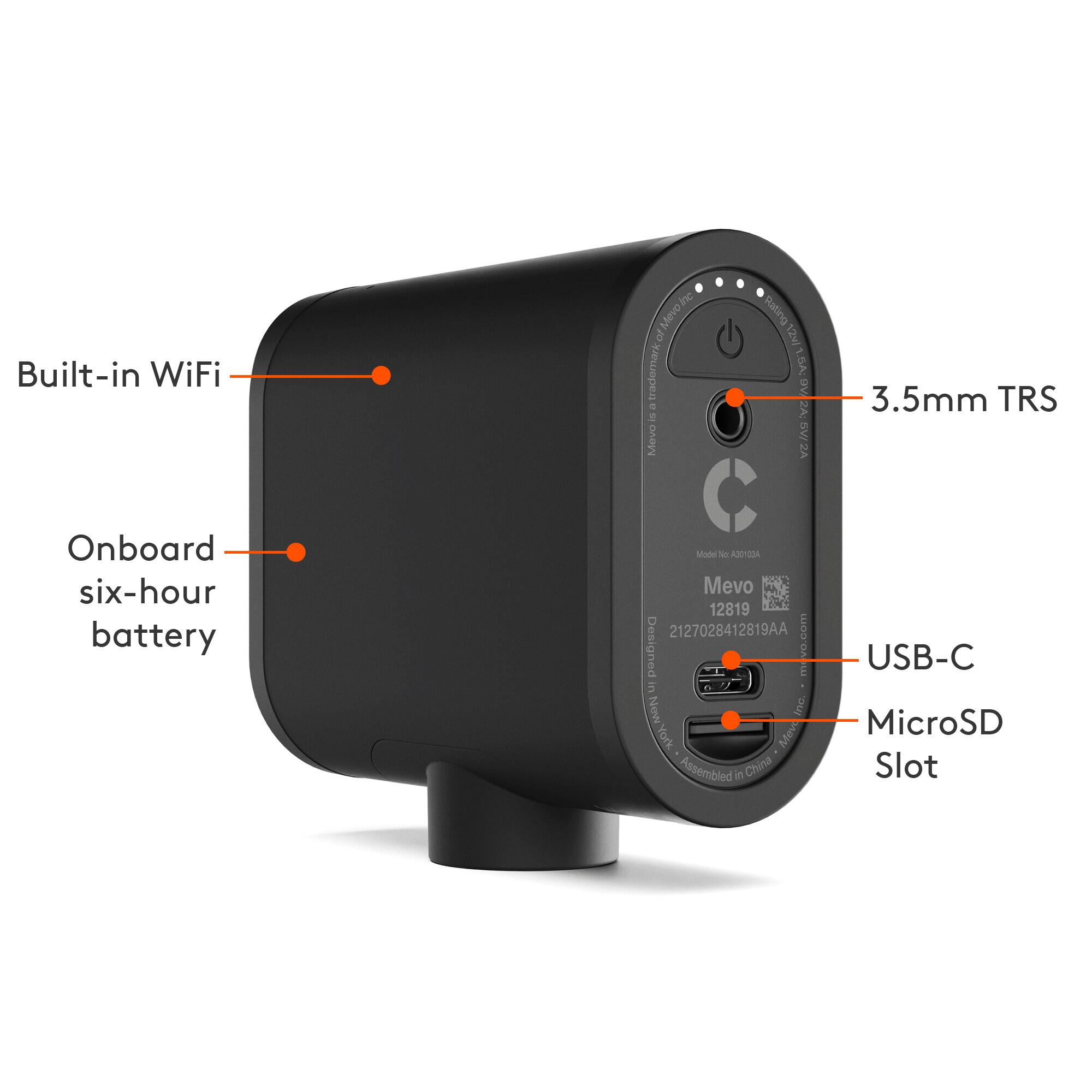 Built-in WiFi Inc. Mevo trademark - . Mevo Custing 12w 9V AC SWy ZA 3.5mm TRS Onboard six-hour battery Model - ASOUDA Mevo 12819 2127028412819AA OD Designed E ws  New inc. York Movi_inc Mov Assembled in China USB-C MicroSD Slot