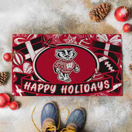 Evergreen Enterprises - Wisconsin Badgers 28" x 16" Happy Holidays Christmas Turf Door Mat - Multicolor