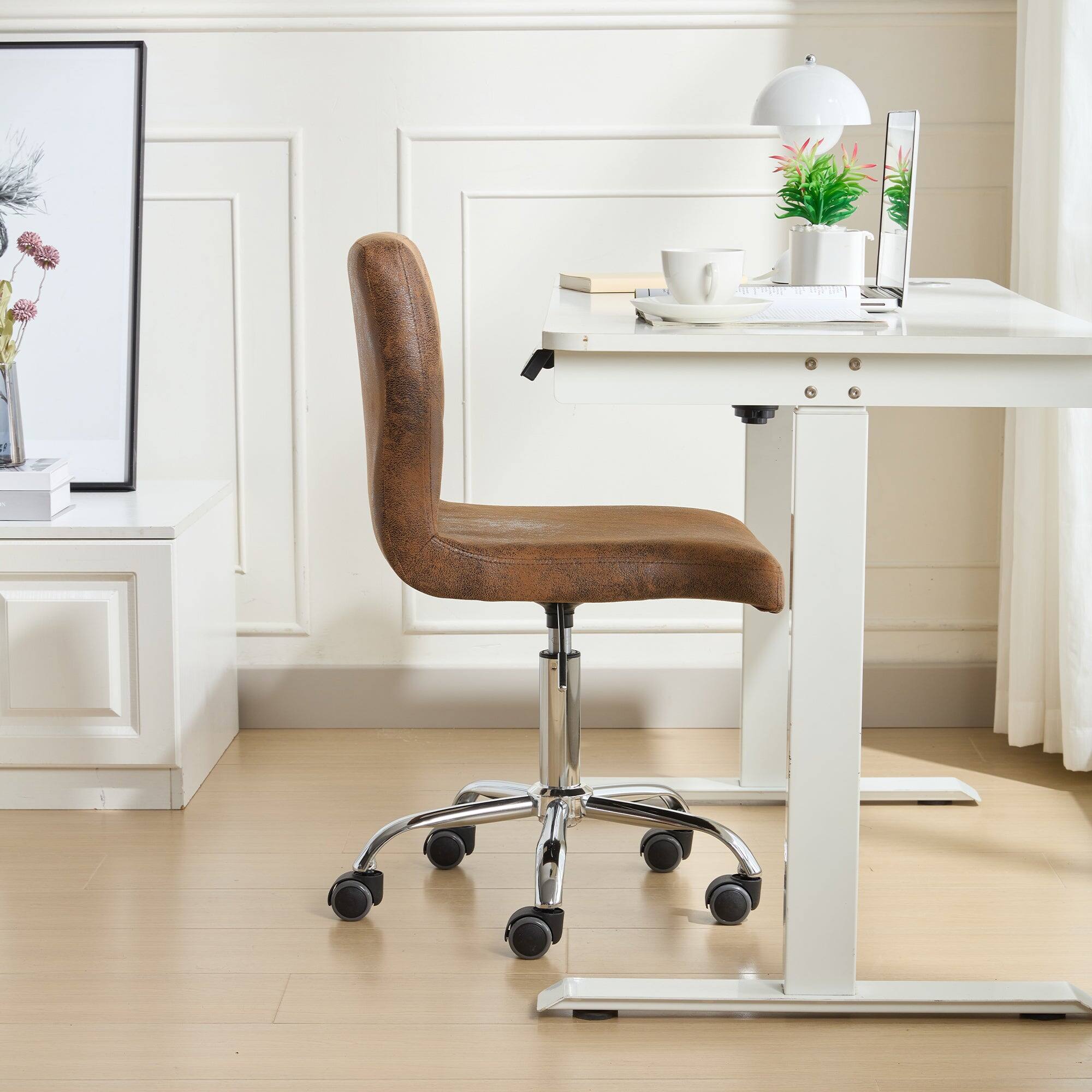 Back. Vecelo - PU Leather Office Chair - Adjustable Height Rolling Armless Chair, Basic Task Chair with No Arms - Dark Brown.