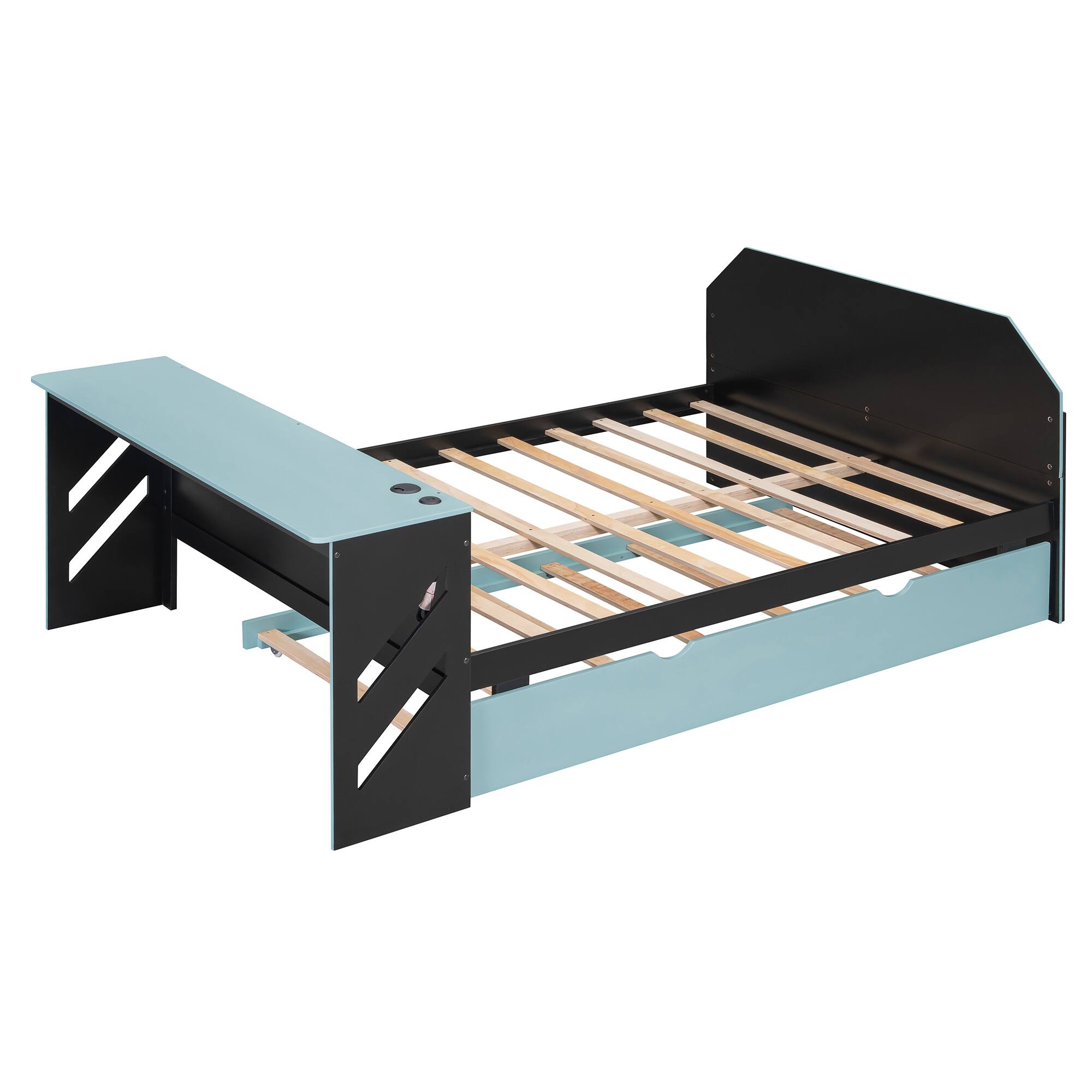 Alt View 2. Anysun - Full Size Wood Daybed with Twin Size Trundle,Desk and USB - Blue.