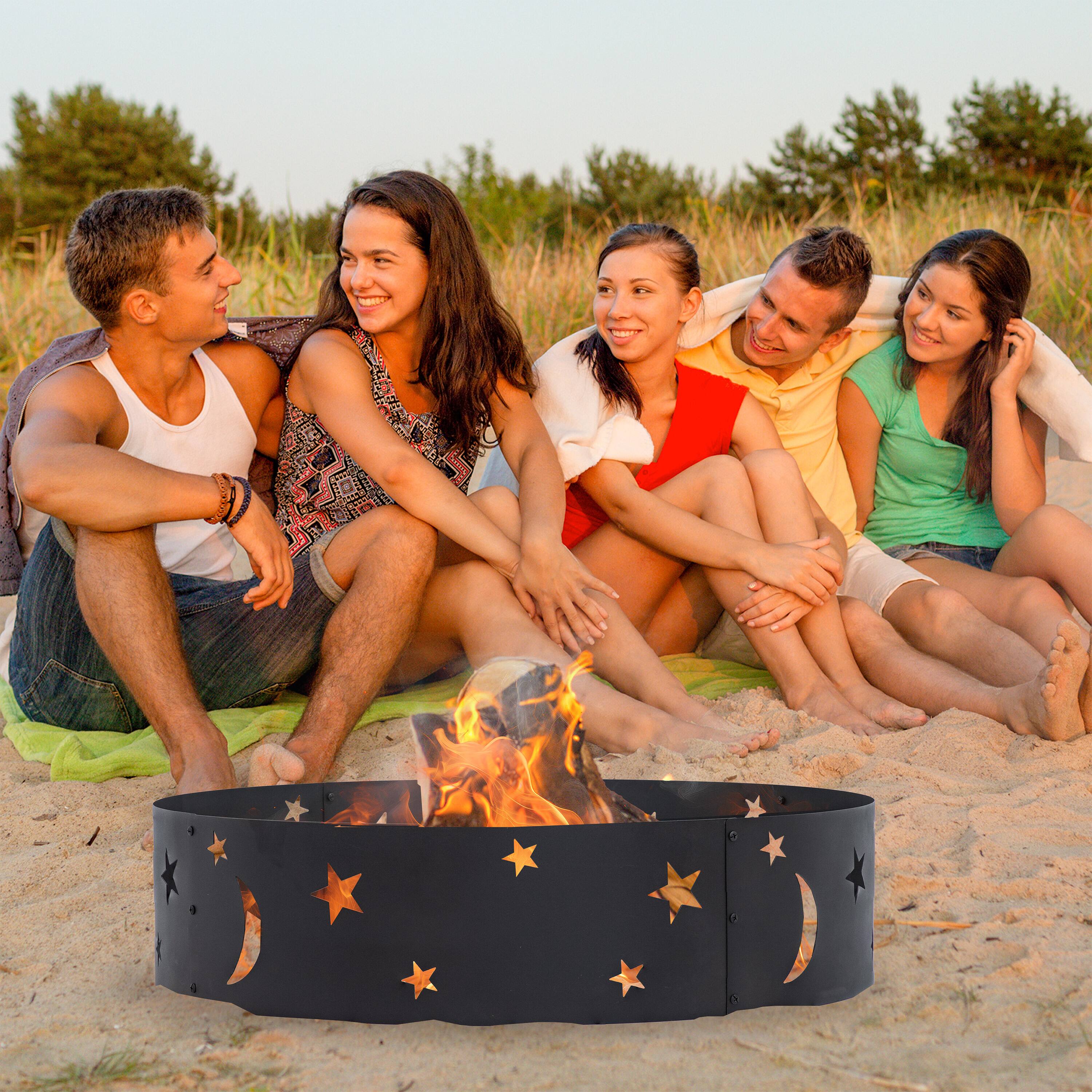 Alt View 8. Sunnydaze - 36 in Steel Die-Cut Stars and Moons Wood Burning Fire Pit Ring - Black.