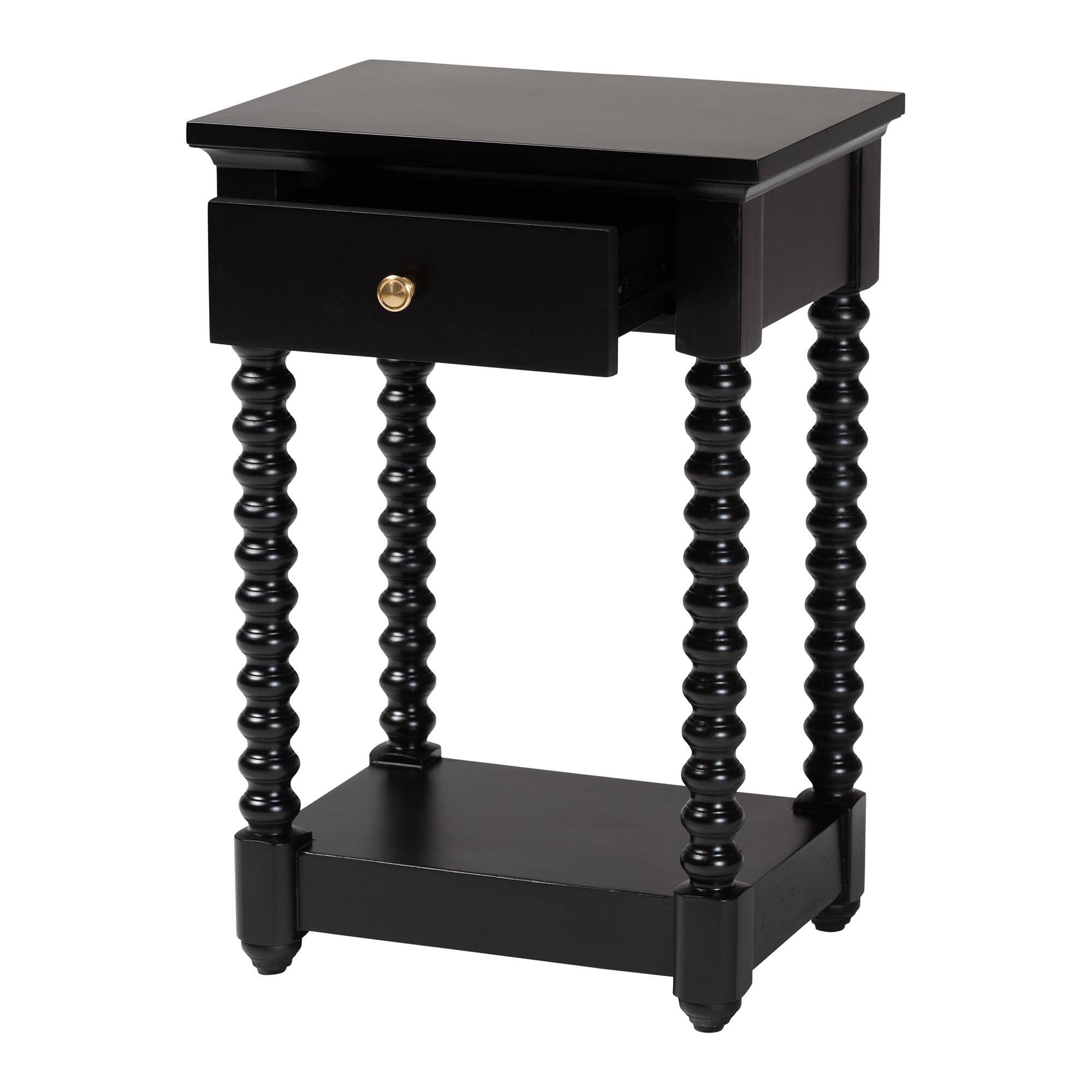 Angle. bali & pari - Baxton Studio Terentia Nightstand with Bobbin Legs - 1-Drawer Bedroom Side Table with Storage Shelf, Black - Black.