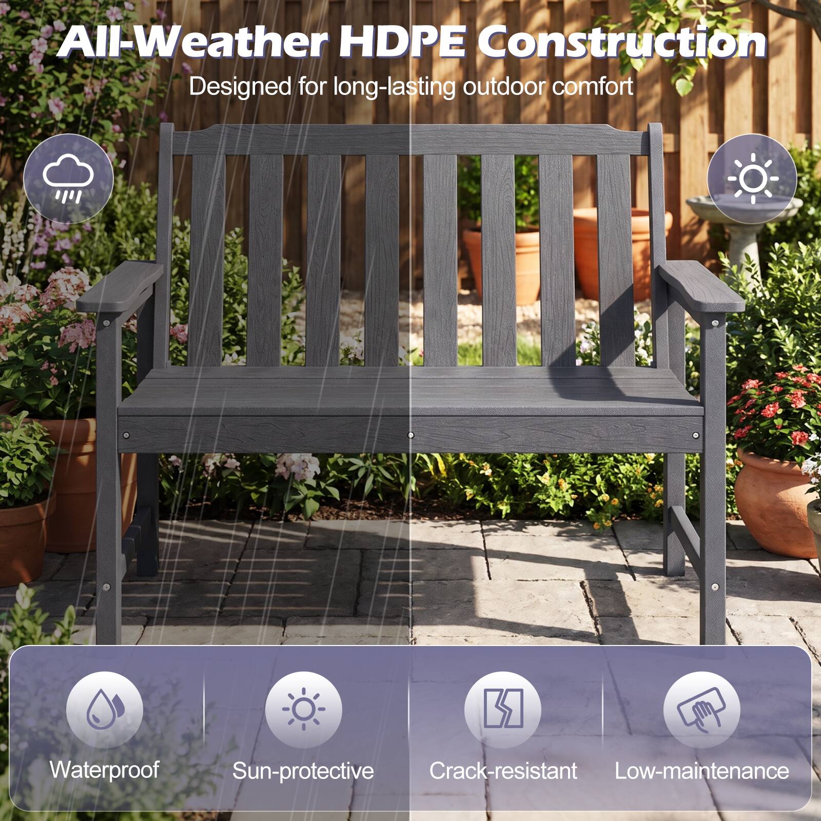 All-Weather HDPE Construction  
Designed for long-lasting outdoor comfort  

- Waterproof  
- Sun-protective  
- Crack-resistant  
- Low-maintenance