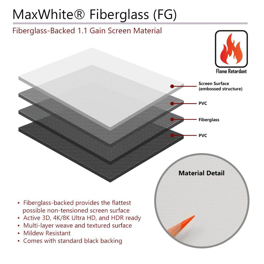 MaxWhite® Fiberglass (FG)  
Fiberglass-Backed 1.1 Gain Screen Material  

- Flame Retardant  
- Screen Surface (embossed structure)  
- PVC  
- Fiberglass  
- PVC  

Material Detail:  
- Fiberglass-backed provides the flattest possible non-tensioned screen surface  
- Active 3D, 4K/8K Ultra HD, and HDR ready  
- Multi-layer weave and textured surface  
- Mildew Resistant  
- Comes with standard black backing
