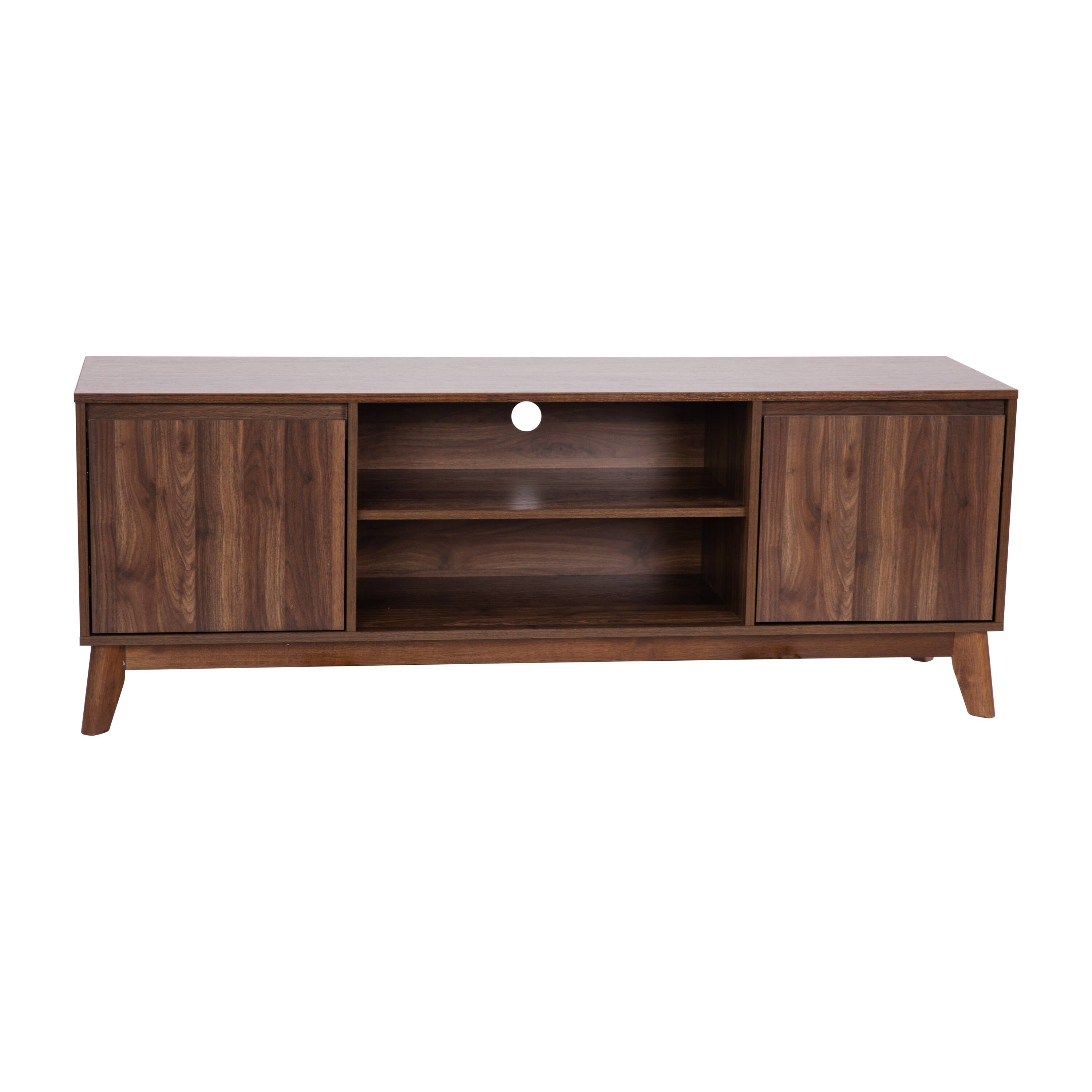Alt View 1. Emma + Oliver - Beverly Mid-Century Modern Wooden TV Stand with Soft Close Doors, Shelf, Cord Management Hole and Tapered Legs - Dark Walnut.