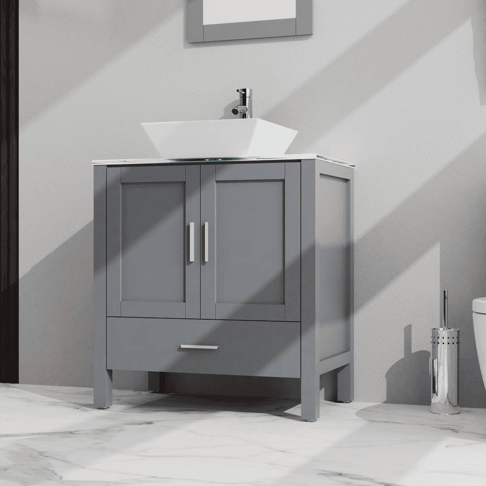 Angle. Kadyn - 30" Bathroom Vanity and Sink Combo - Glass Top Cabinet with Mirror, Gray - Gray.