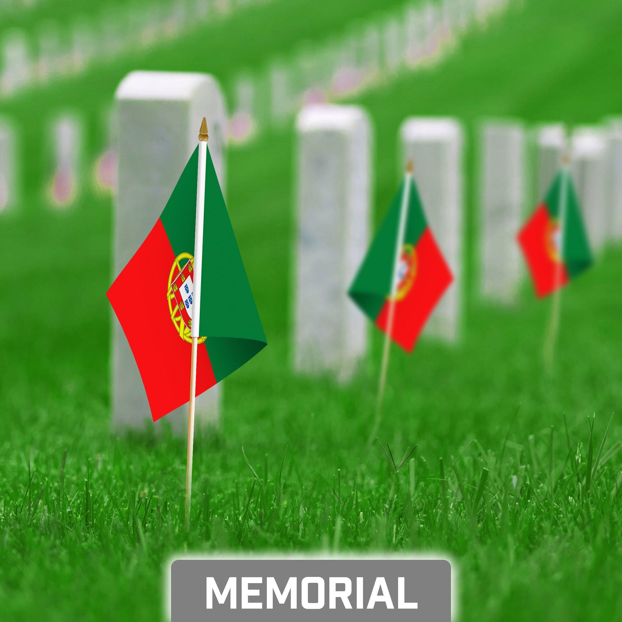 Back. G128 - 50-Pack Portugal Handheld Stick Flags — 8" x 12", 150D Polyester with Wooden Stick and Gold Tip. - Assorted Colors.