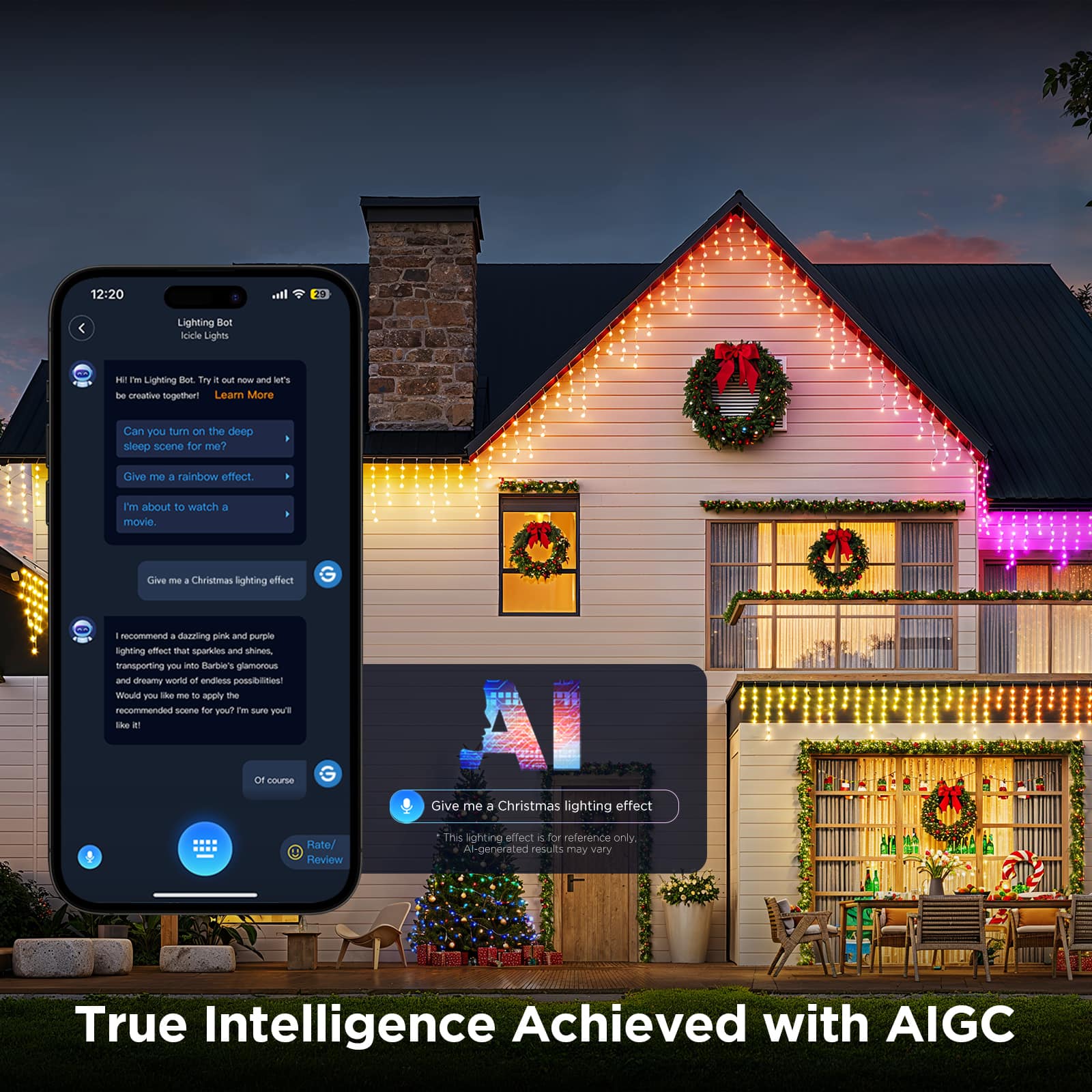 The text on the image is grouped and corrected as follows:
1. "12:20 lo Lighting Bot Iiele Lights sE7 ve Lighting Bet Try E S NeWw and M's bee creative togethor! Learn More Can You tum on the deep sleep scone for me? Give m a rainbow effect I'm about to watch a movie. Give m a Christmas lighting affact G - recommend . daazling pink anws purple lighting effect tar sparies and shines, transporting T n Barte's glamorous and dreamy workd of endless possibilitios! Moud W - - to apply the recommended soena for youT i surs YOU' the - Or souPSE Give me a Christmas lighting effect Rate/ Review ihs lighting effect i for reference only Aa-generated results may very True Intelligence Achieved with AIGC"