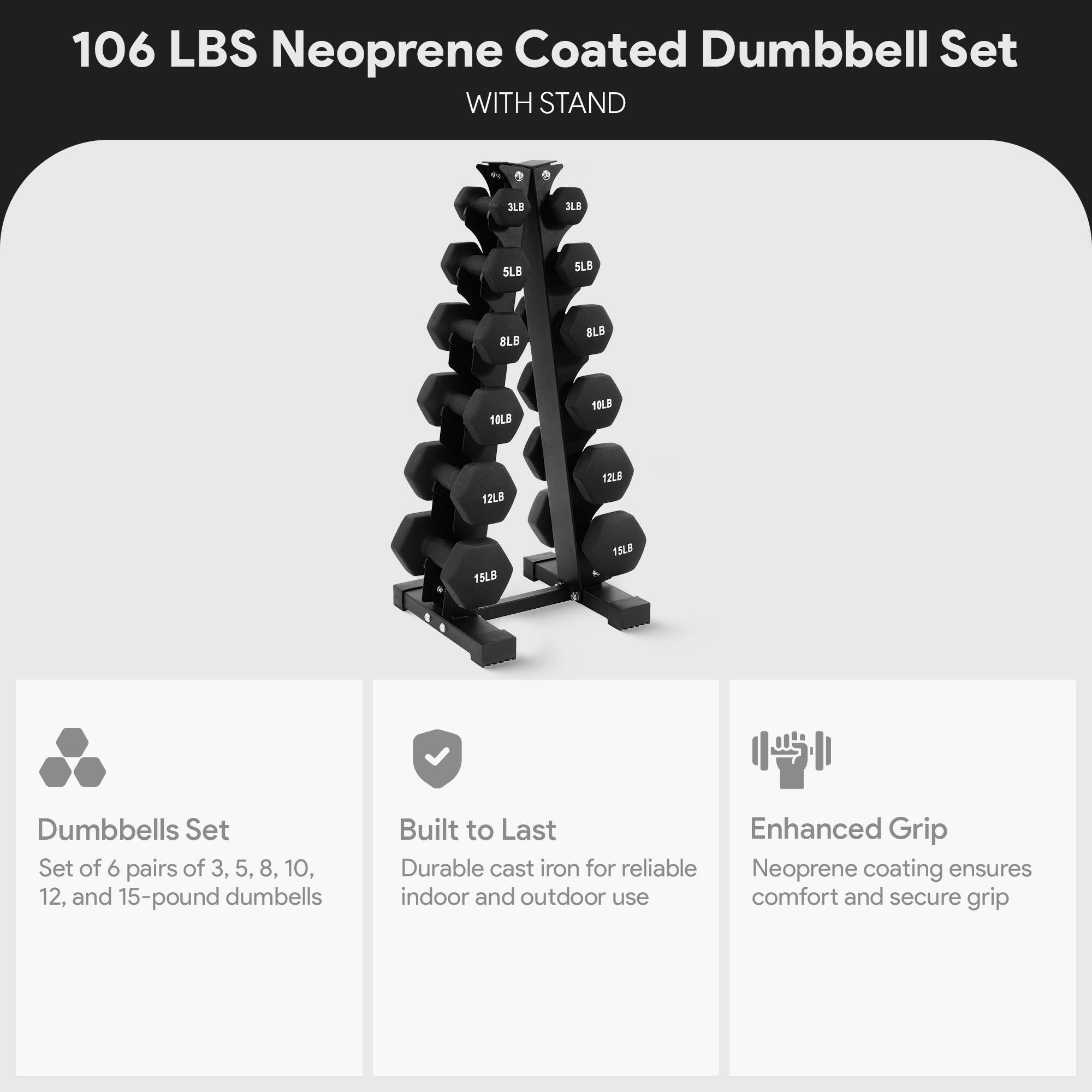 106 LBS Neoprene Coated Dumbbell Set WITH STAND

3LB 3LB 5LB 5LB 8LB 10LB 12LB 15LB 15LB

Dumbbells Set
Set of 6 pairs of 3, 5, 8, 10, 12, and 15-pound dumbbells

Built to Last
Durable cast iron for reliable indoor and outdoor use

Enhanced Grip
Neoprene coating ensures comfort and secure grip