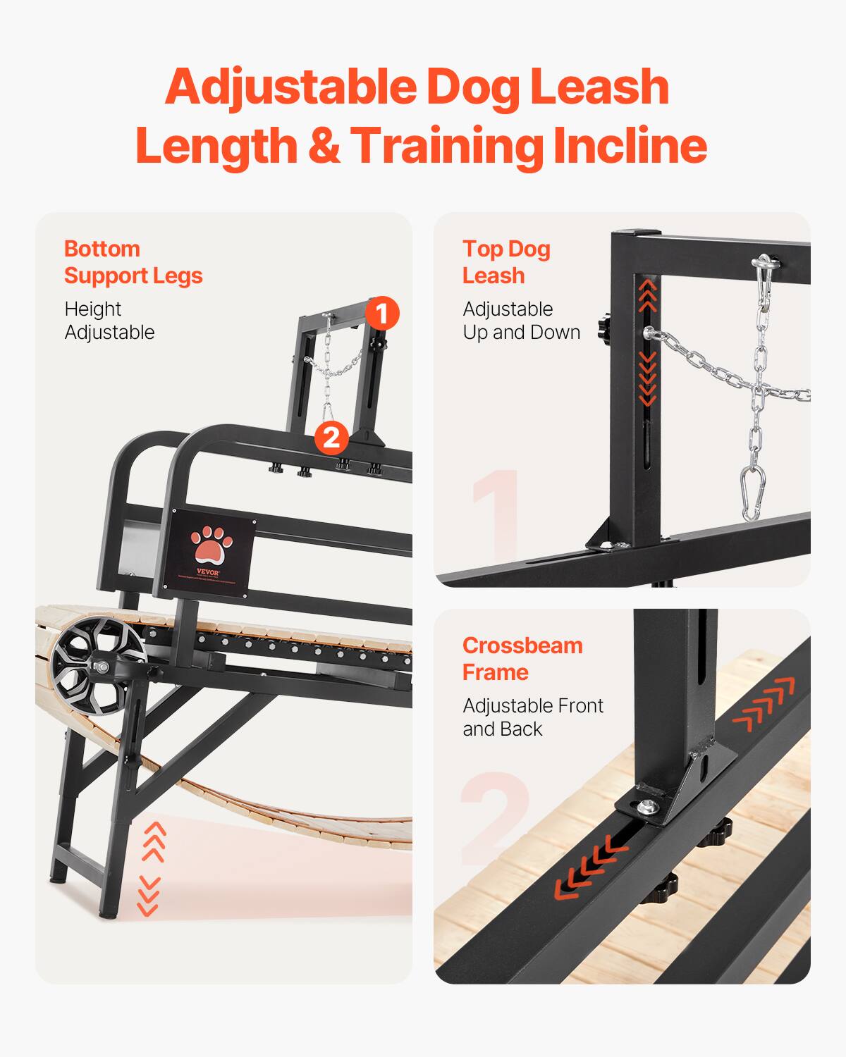 Adjustable Dog Leash Length & Training Incline
Bottom Support Legs
Height Adjustable
1
Top Dog Leash
Adjustable Up and Down
2
Crossbeam Frame
Adjustable Front and Back
2