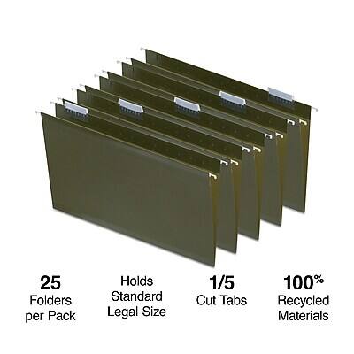 25 Folders per Pack  
Holds Standard Legal Size  
1/5 Cut Tabs  
100% Recycled Materials