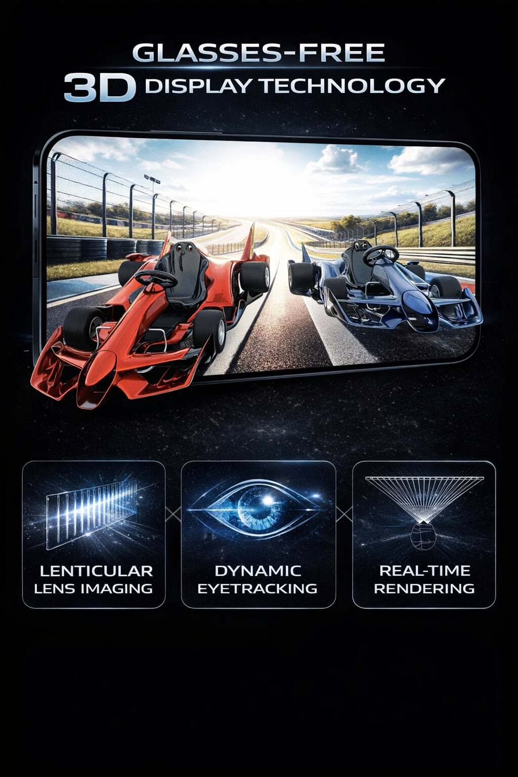 GLASSES-FREE 3D DISPLAY TECHNOLOGY

- LENTICULAR LENS IMAGING
- DYNAMIC EYETRACKING
- REAL-TIME RENDERING