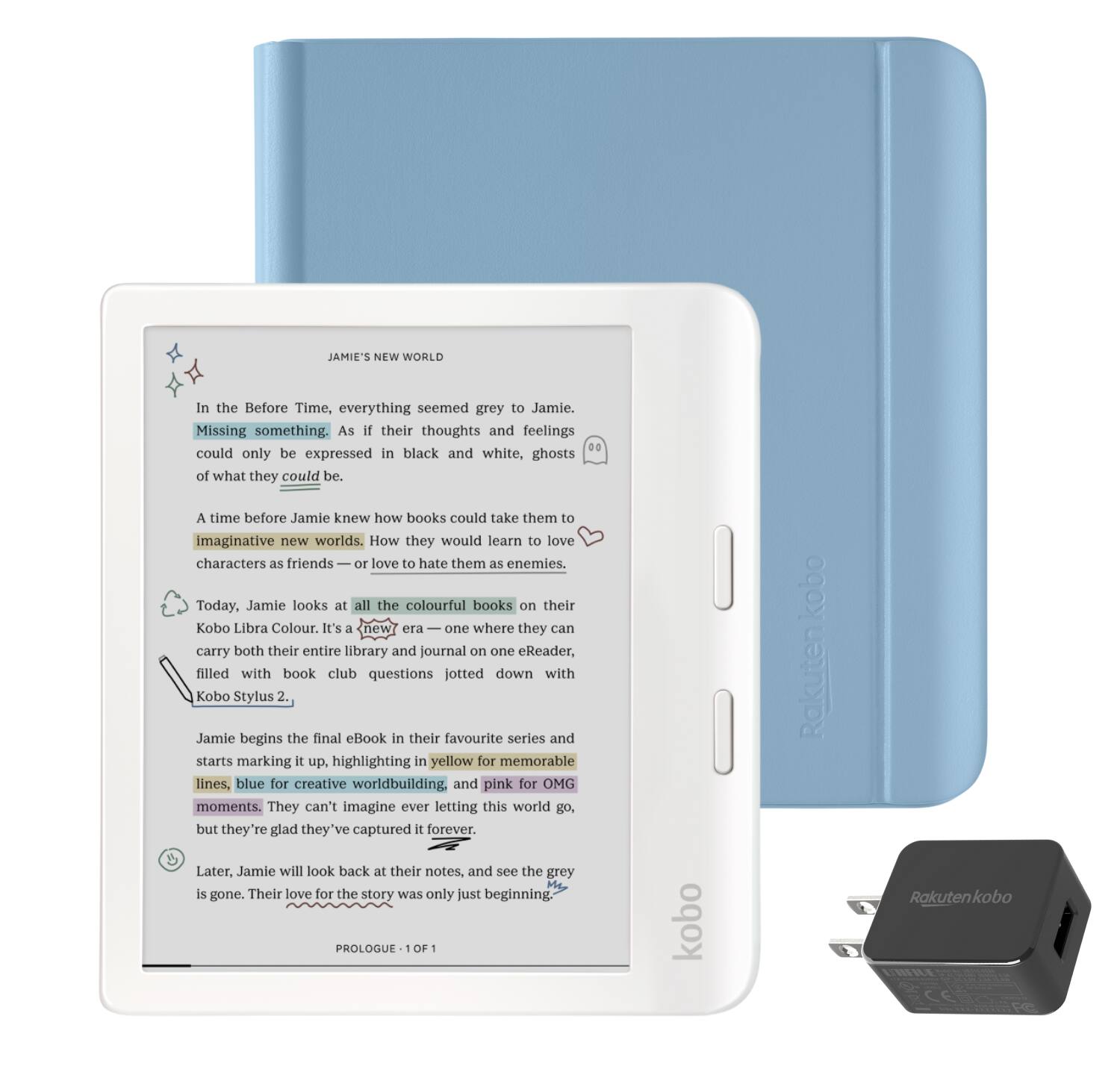 Kobo Libra Colour (White) eReader with AC Bundle 2024 Dusk Blue