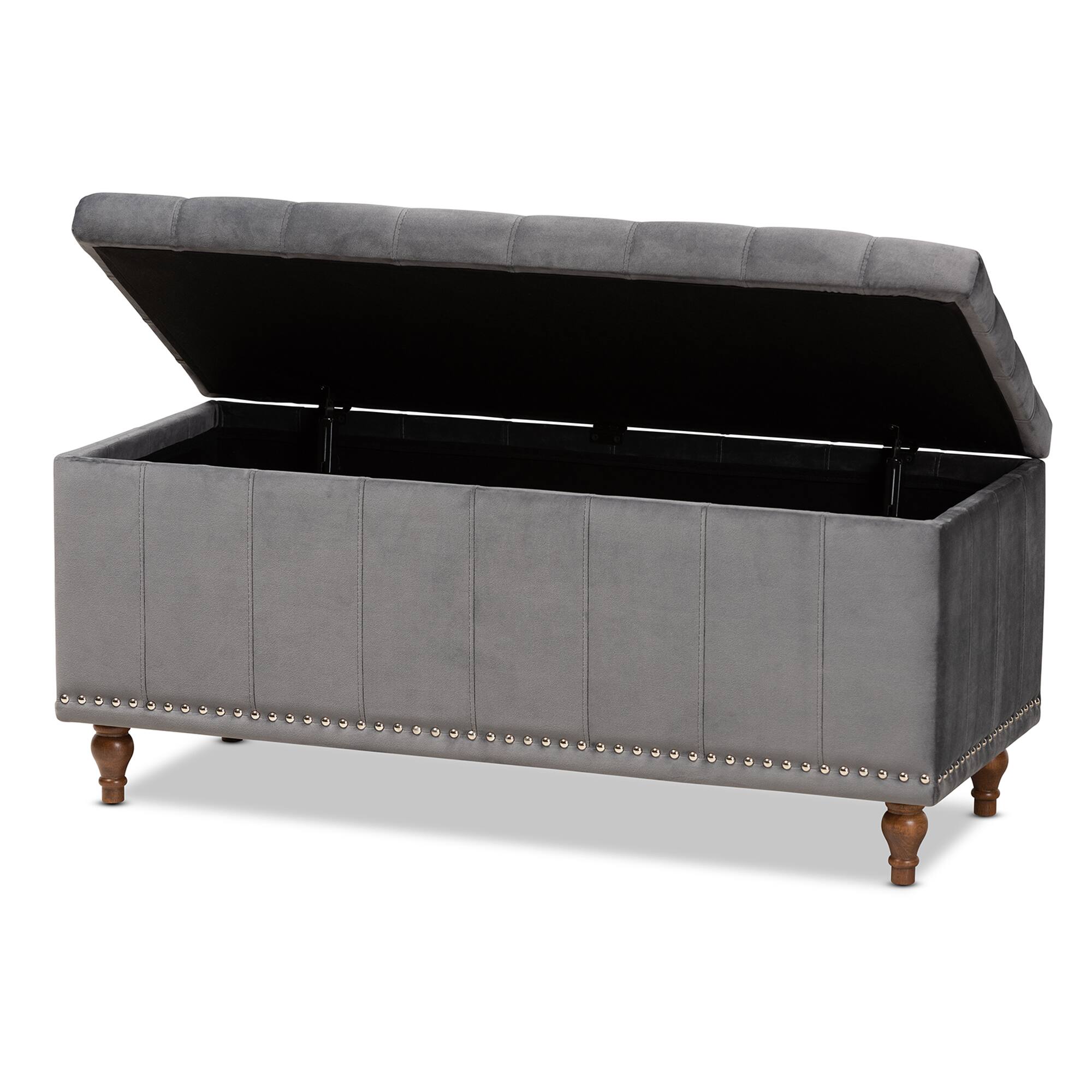 Angle. Baxton Studio - Kaylee Modern and Contemporary Velvet Fabric Upholstered Button-Tufted Storage Ottoman Bench - Grey/Brown.