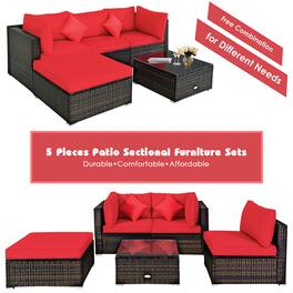 Costway - 5PCS Outdoor Patio Rattan Furniture Set Sectional Conversation W/ Cushions - Red