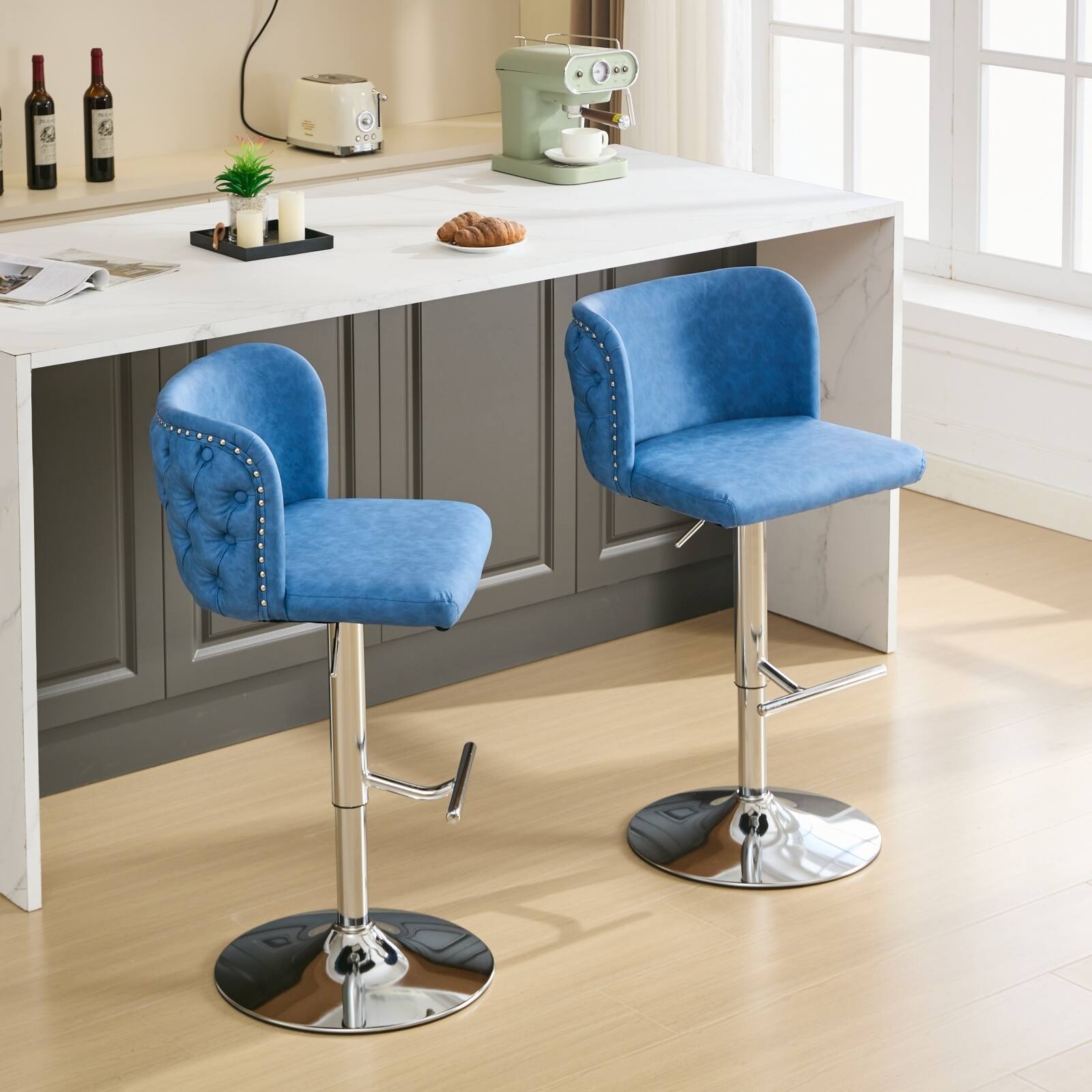 Alt View 4. Trinkets Crazed - Swivel Barstools Set of 2, Adjusatble Seat Height with Silver Legs, Classic PU Upholstered Bar Stools - Blue.