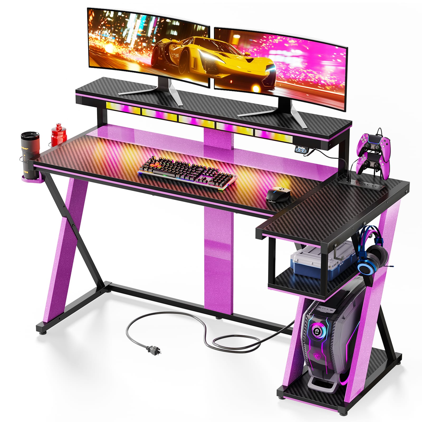 Front. Bestier - 57-inch L-shaped Gaming Desk with RGB Music Sync Lights , Dual Cup Holders & Charging Station for Gaming Rooms - Black Purple.