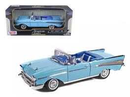 1957 Chevrolet Bel Air Convertible with Blue Interior 1/18 Diecast Model Car by Motormax - Light Blue