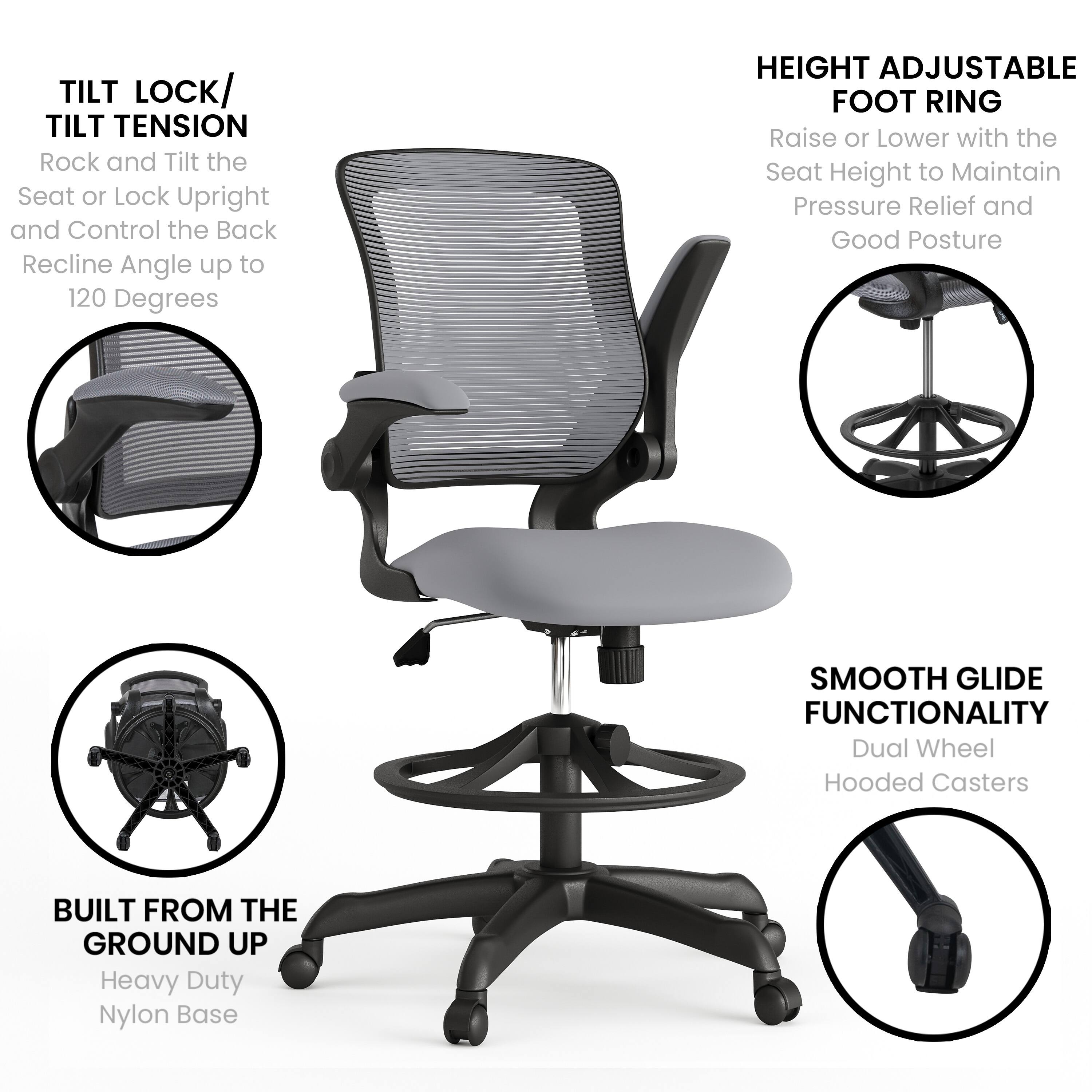 - **TILT LOCK/ TILT TENSION**  
  Rock and Tilt the Seat or Lock Upright and Control the Back Recline Angle up to 120 Degrees

- **HEIGHT ADJUSTABLE FOOT RING**  
  Raise or Lower with the Seat Height to Maintain Pressure Relief and Good Posture

- **SMOOTH GLIDE FUNCTIONALITY**  
  Dual Wheel Hooded Casters

- **BUILT FROM THE GROUND UP**  
  Heavy Duty Nylon Base