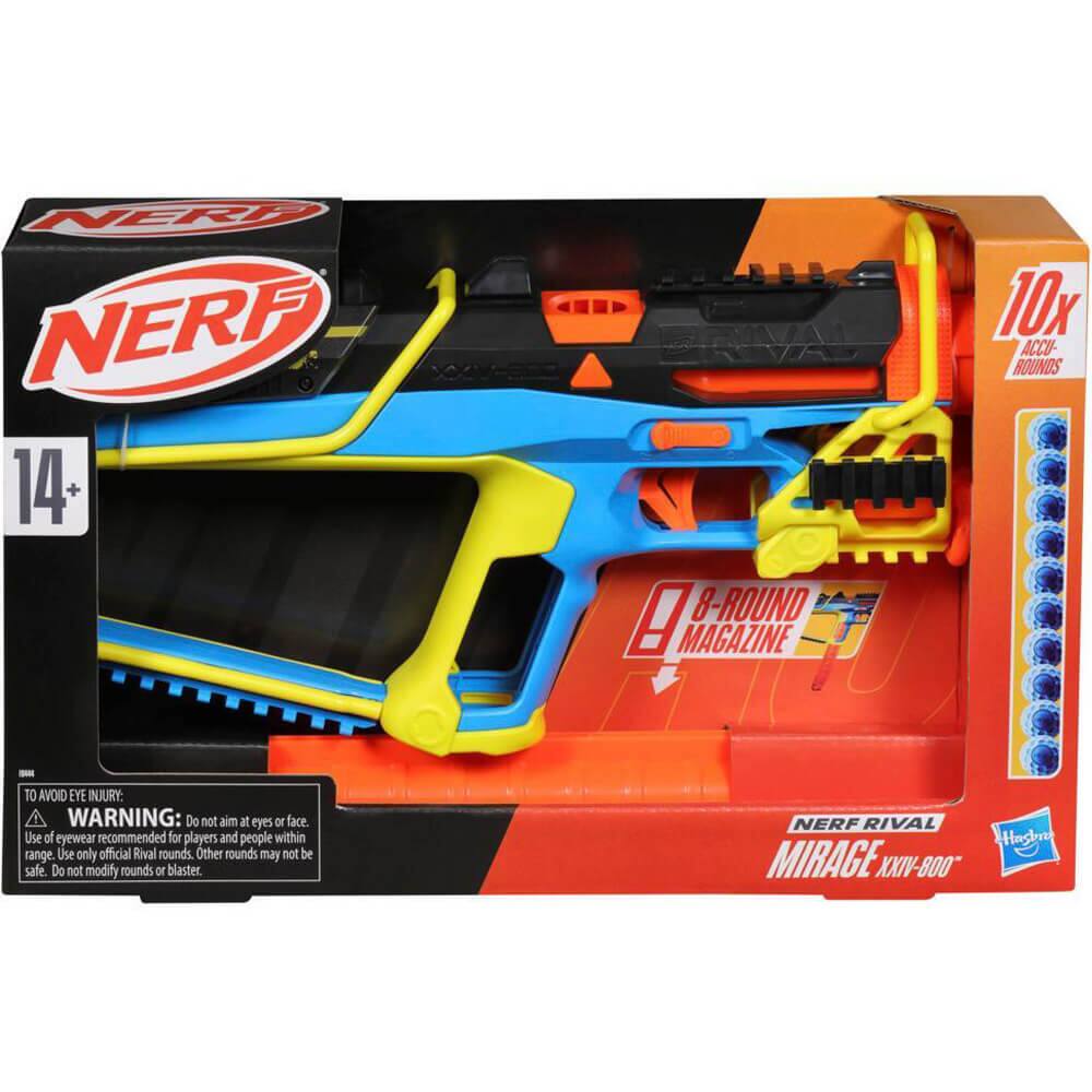 NERF RIVAL 14+ - TO AVOID EYE INJURY: WARNING: Do not aim at eyes or face. Use of eyewear recommended for players and people within range. Use only official Rival rounds. Other rounds may not be safe. Do not modify rounds or blaster. 10x ACCU BOUNDS A 8 ROUND 4 MAGAZINE NERF RIVAL Mirage XXIV-800"