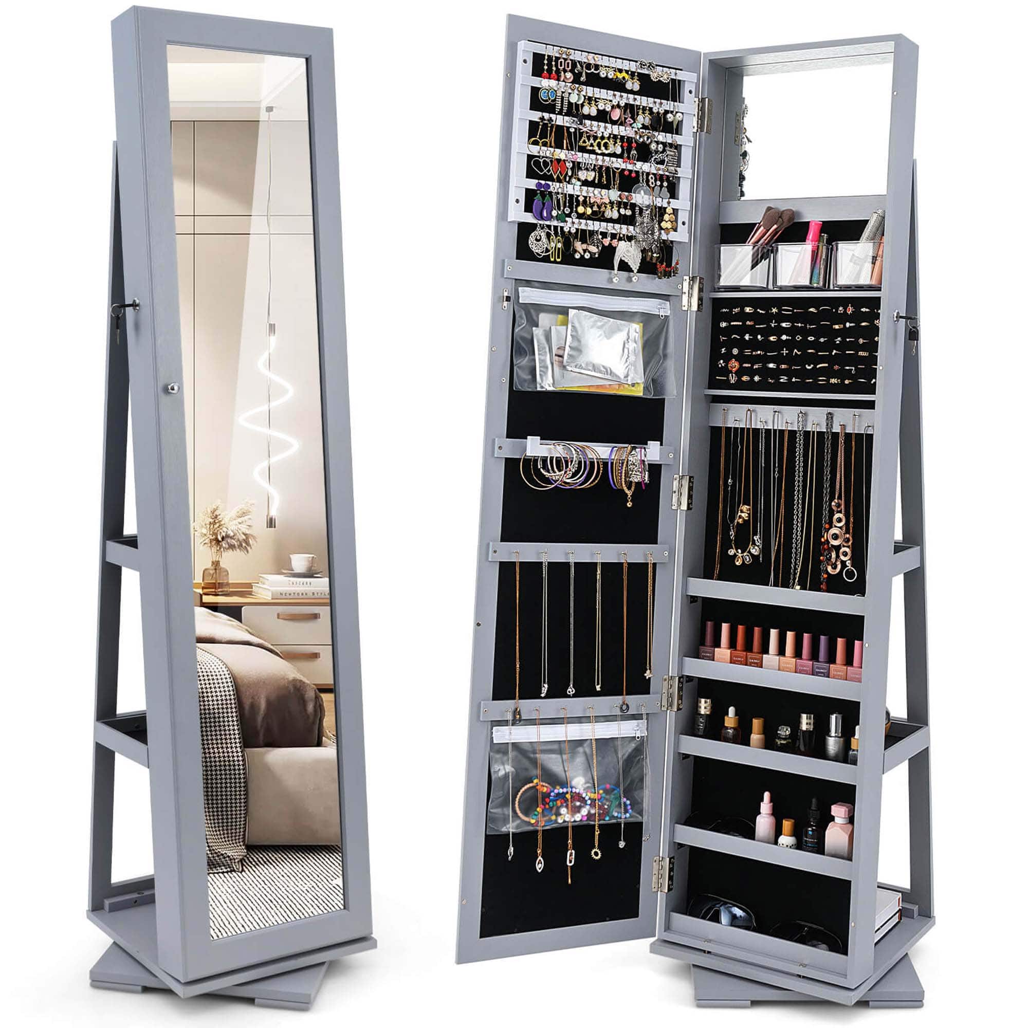 Front. Costway - Costway 360° Rotatable Jewelry Cabinet Armoire 2-in-1 Lockable Mirrored - Gray.