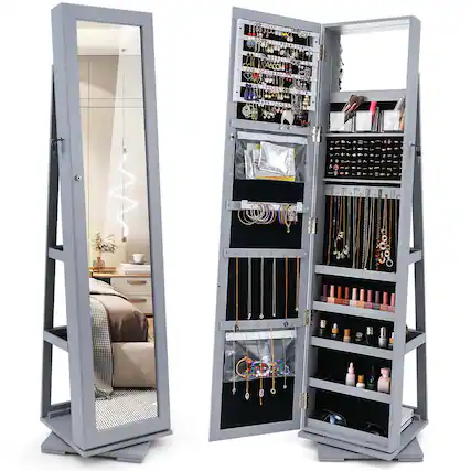 Front. Costway - Costway 360° Rotatable Jewelry Cabinet Armoire 2-in-1 Lockable Mirrored - Gray.