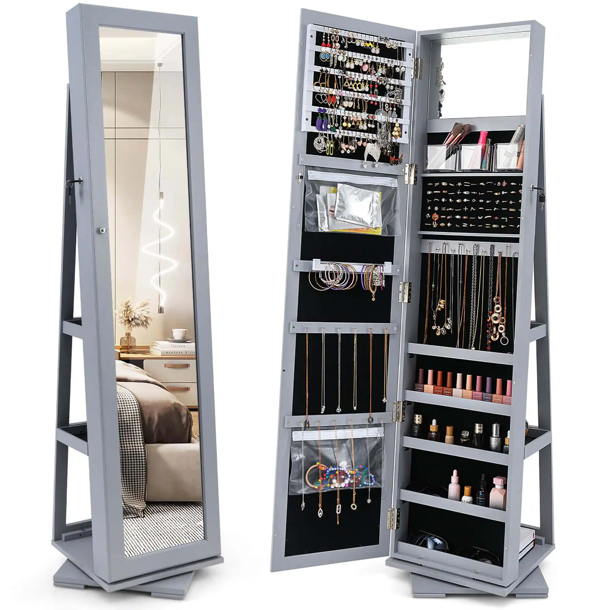 Front. Costway - Costway 360° Rotatable Jewelry Cabinet Armoire 2-in-1 Lockable Mirrored - Gray.