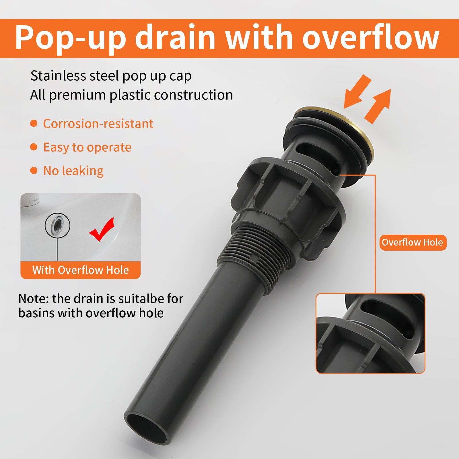 Pop-up drain with overflow

Stainless steel pop up cap  
All premium plastic construction

- Corrosion-resistant  
- Easy to operate  
- No leaking  

With Overflow Hole  

Note: the drain is suitable for basins with overflow hole