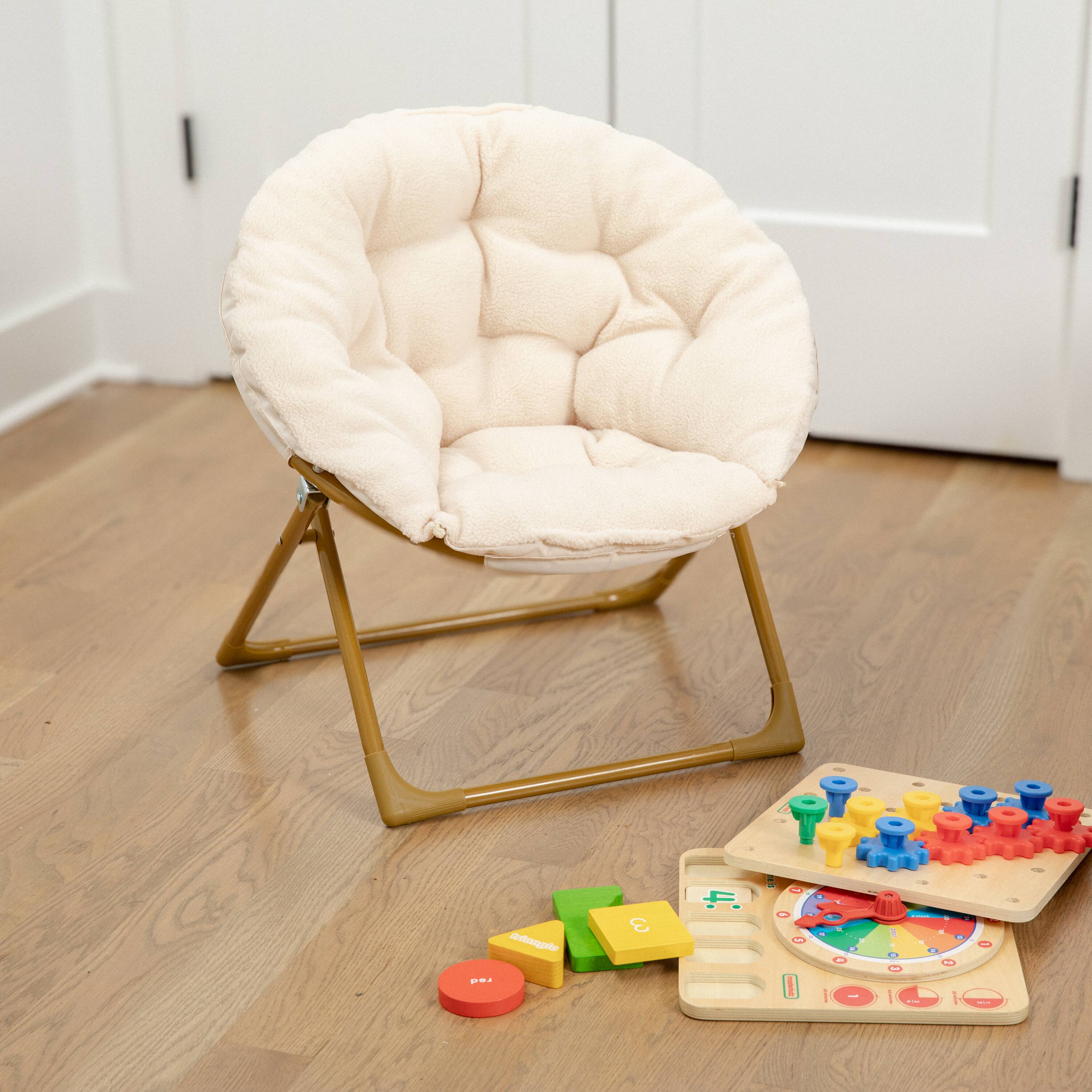 Alt View 1. Emma + Oliver - Io Kid's Folding Saucer Chair with Cozy Faux Fur Upholstery and Metal Frame for Playroom, Bedrooms, Nursery and More - Ivory Faux Fur/Soft Gold Frame.