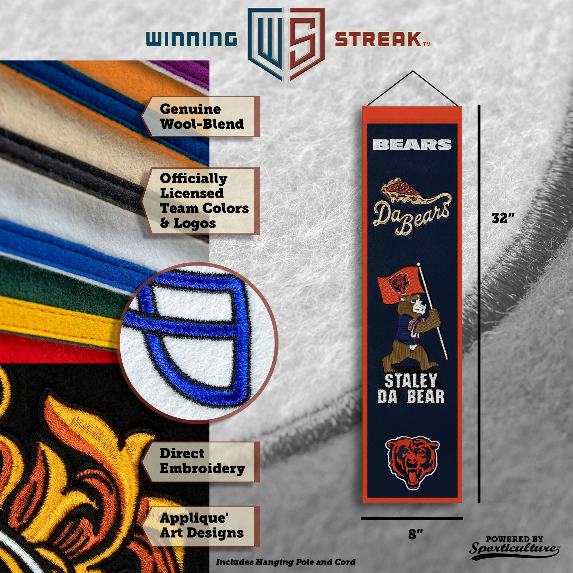 WINNING U 5 STREAK™ Genuine Wool-Blend BEARS Officially Licensed Team Colors & Logos Dazears 32" STALEY DA BEAR Direct Embroidery Applique' Art Designs Includes Hanging Pole and Cord 8" POWERED BY Sporticulture