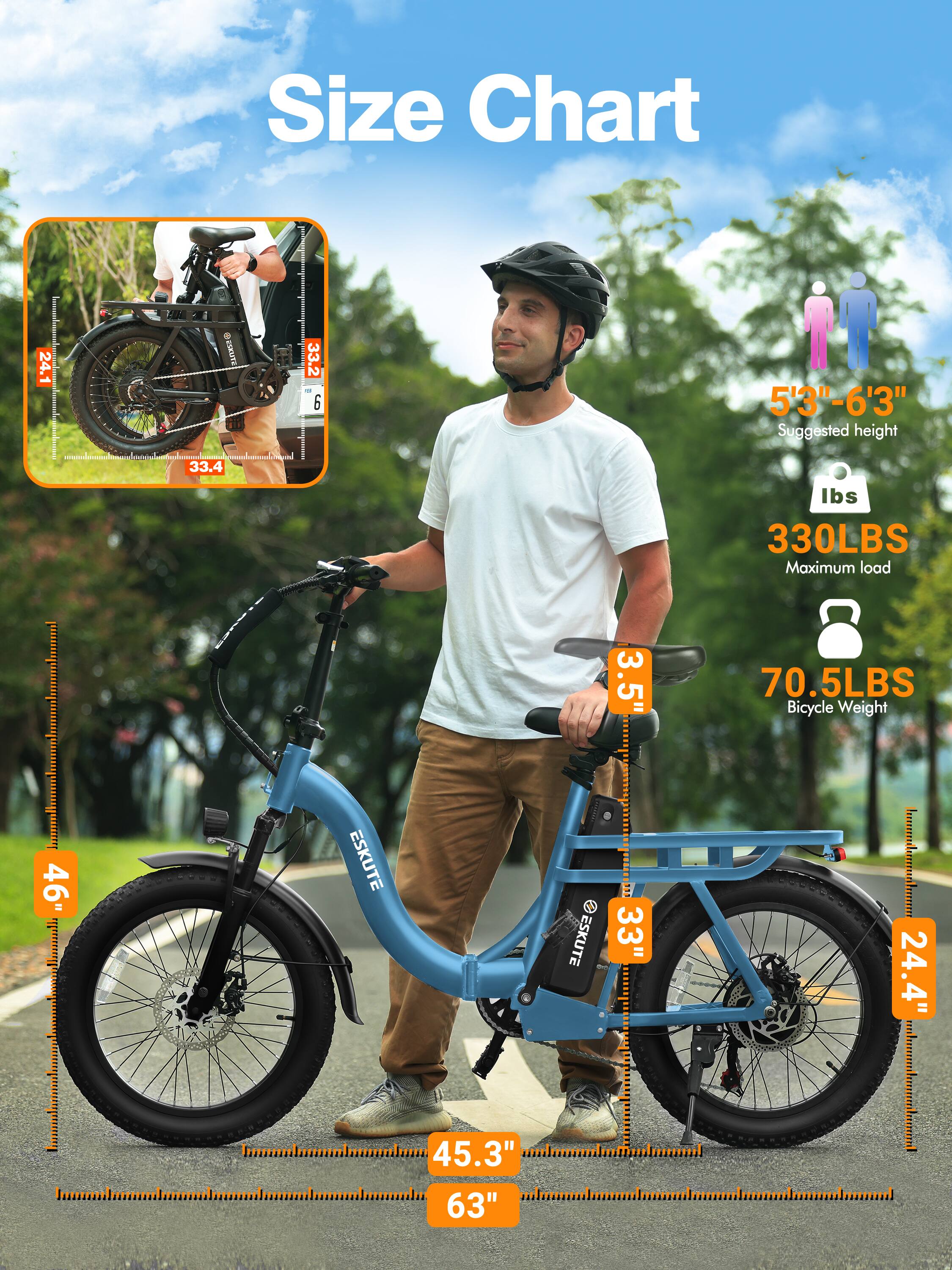 Size Chart

- 24.1" 
- 33.2" 
- 33.4" 
- 3.5" 
- 46" 
- 45.3" 
- 63" 
- 33" 
- 24.4" 

Suggested height: 5'3" - 6'3"

Maximum load: 330LBS

Bicycle Weight: 70.5LBS