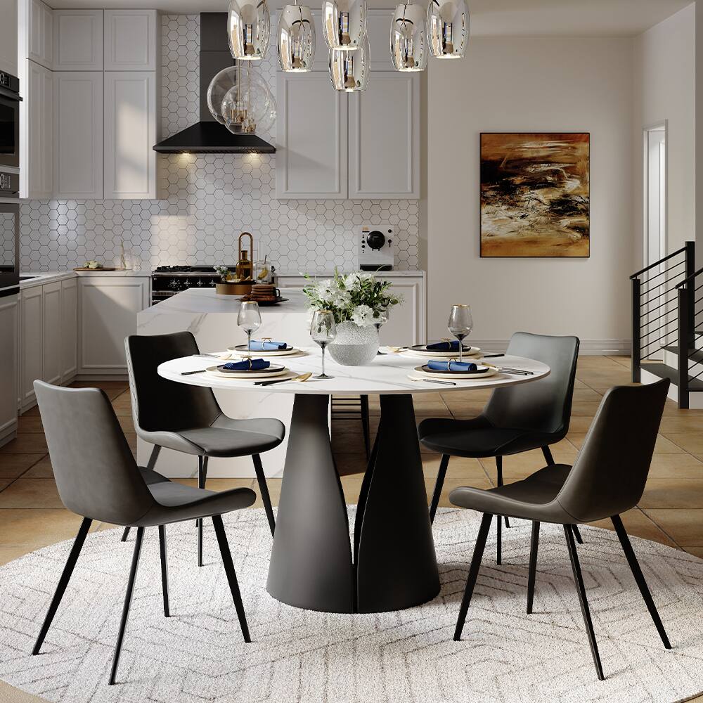 Alt View 7. POVISON - 47" Modern Round White Dining Table for 4, Matte Sintered Stone Tabletop, Solid Black Carbon Steel Base - Matte White Sintered Stone & Black Steel Base.