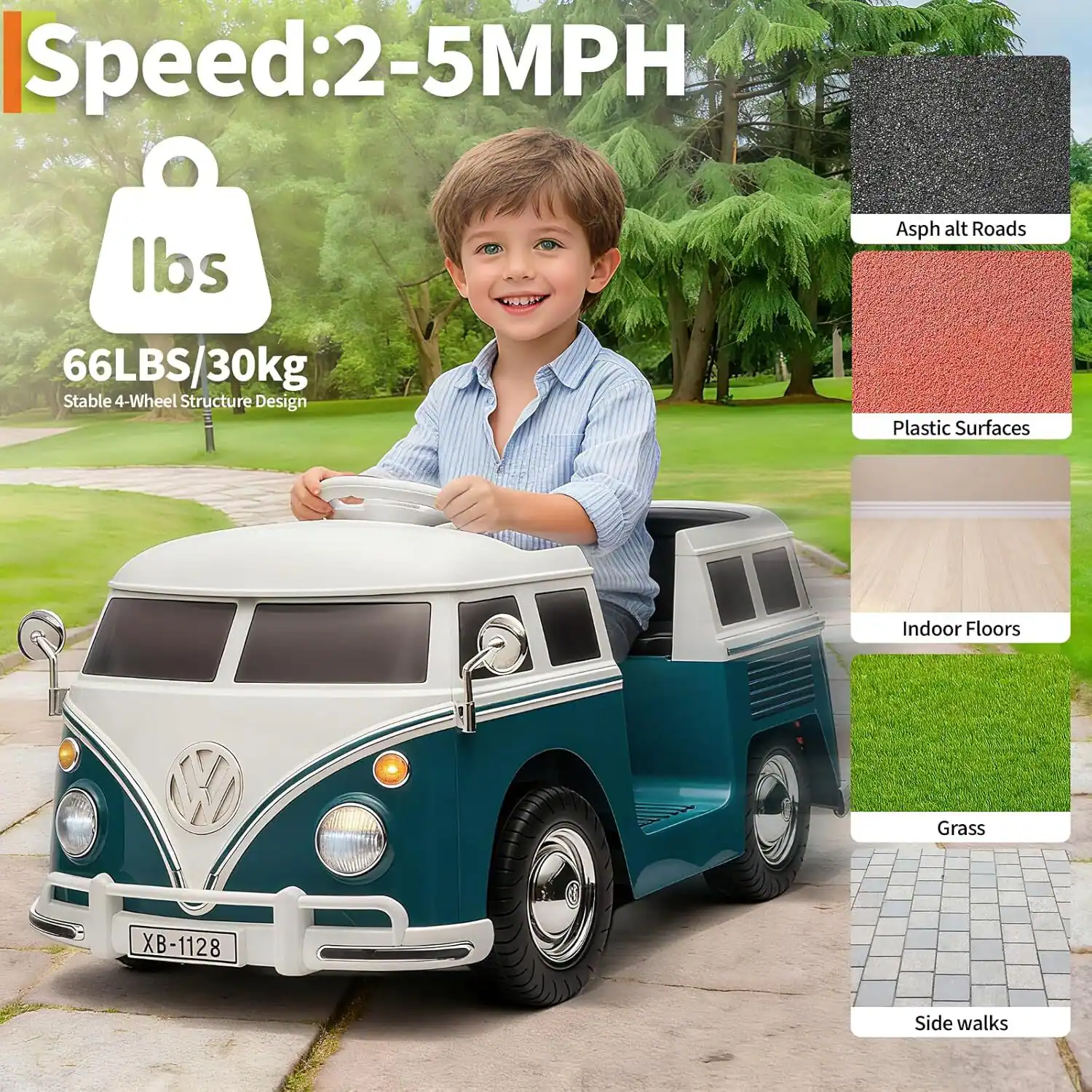 Speed: 2-5 MPH  
lbs 66LBS/30kg  
Stable 4-Wheel Structure Design  
Asphalt Roads  
Plastic Surfaces  
Indoor Floors  
Grass  
Side walks  
XB-1128