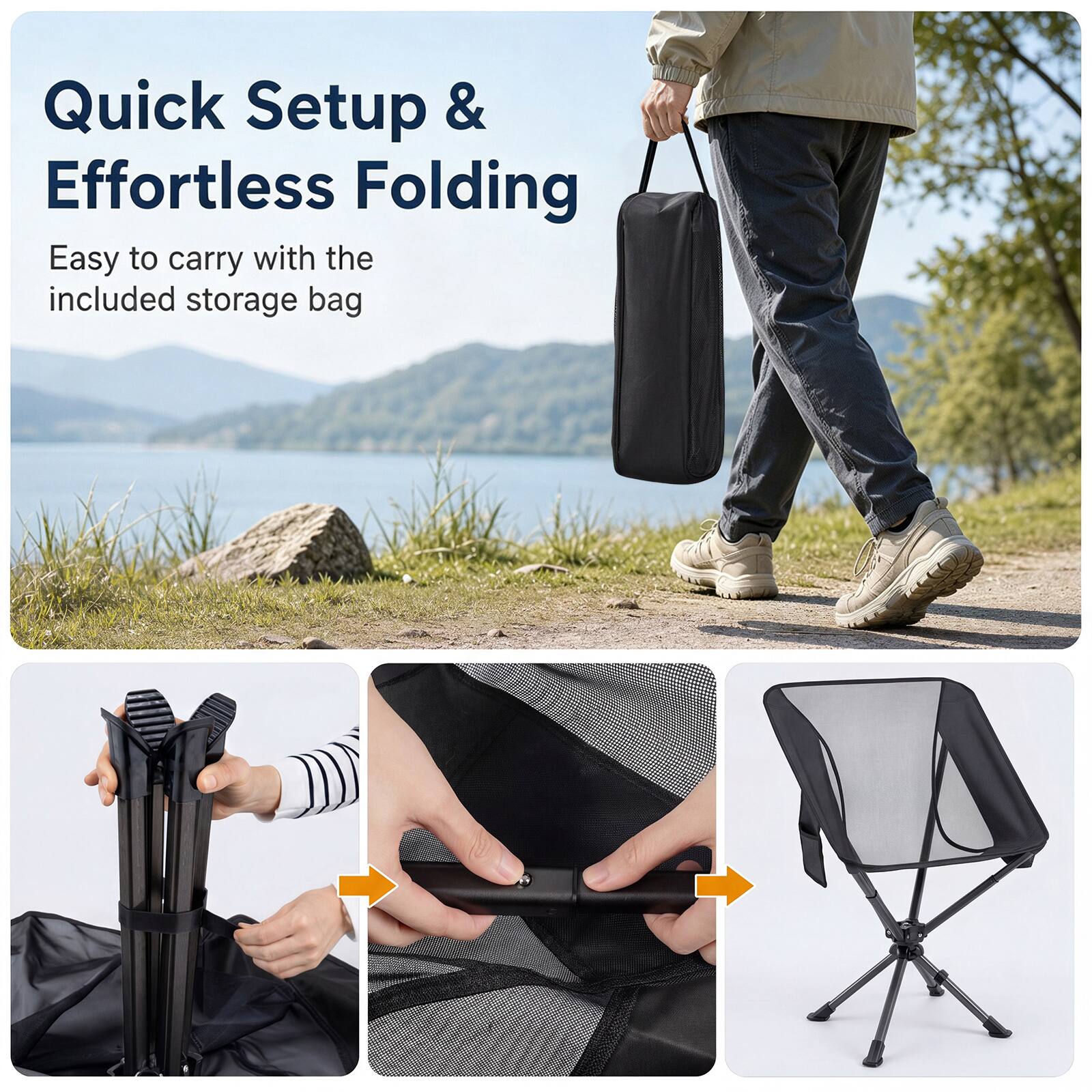 Quick Setup & Effortless Folding  
Easy to carry with the included storage bag