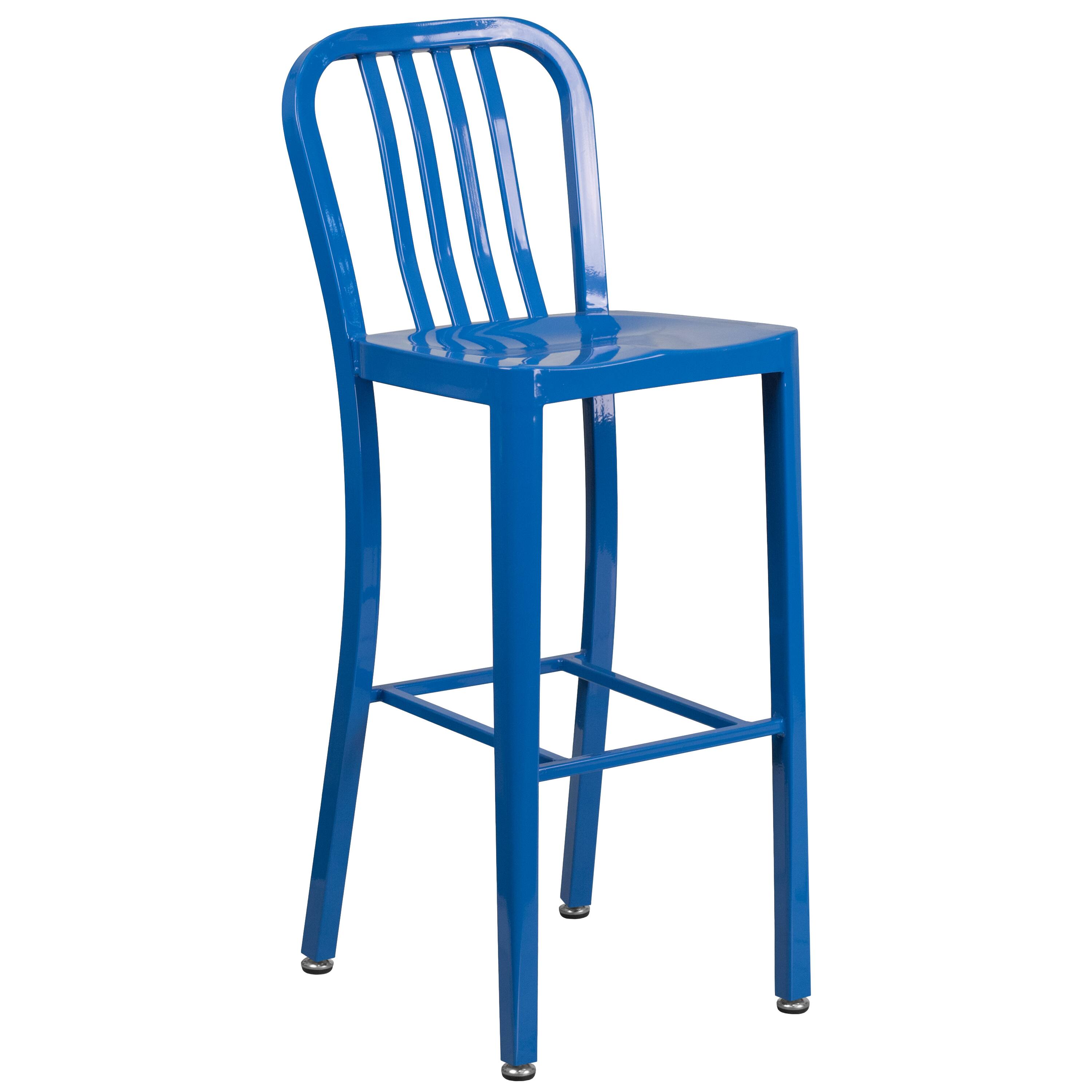 Alt View 4. Emma + Oliver - Commercial 30" Round Metal Indoor-Outdoor Bar Table Set & 4 Slat Back Stools - Blue.