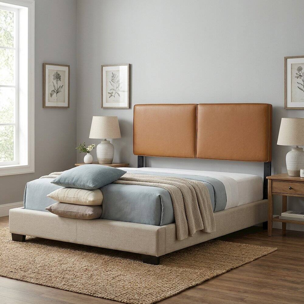 Left. FurniFact - Vegan Leather King Headboard with Padded Upholstery and Durable Frame - Beige.