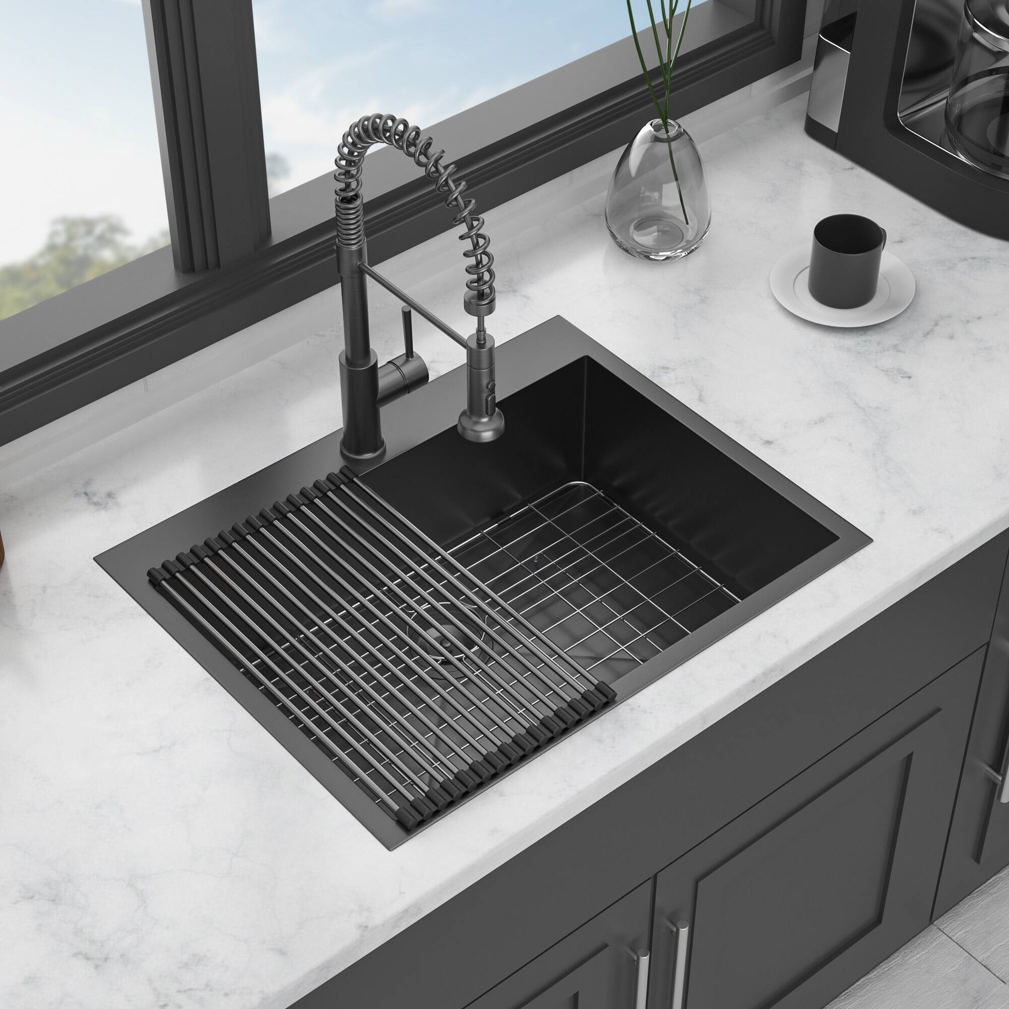 Back. Siljoy - 25 Kitchen Sink Drop In - 25 x 22 x 9 Gunmetal Black Drop In Topmount 16 Gauge Stainless Steel Kitchen Sink - Gunmetal Black.