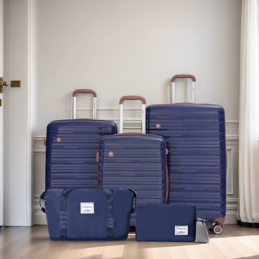 Angle. BreeBe - Durable PP Hardshell Carry On Luggage Set with TSA Lock in, 5-Piece Set (20'24'28' + Travel and Toiletry Bags) - Blue.