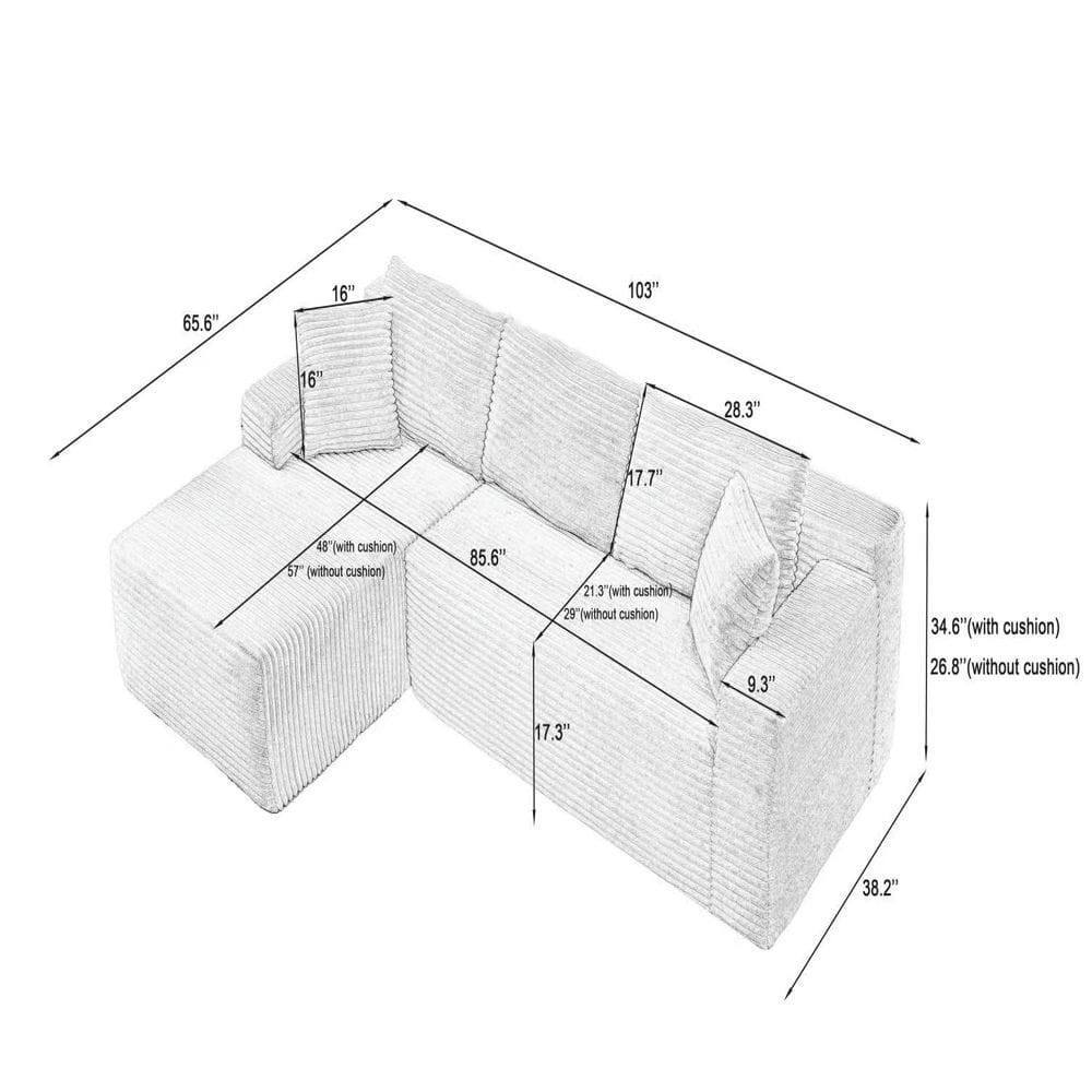 65.6"  
16"  
103"  
16"  
28.3"  
17.7"  
48" (with cushion)  
57" (without cushion)  
85.6"  
21.3" (with cushion)  
29" (without cushion)  
9.3"  
34.6" (with cushion)  
26.8" (without cushion)  
17.3"  
38.2"