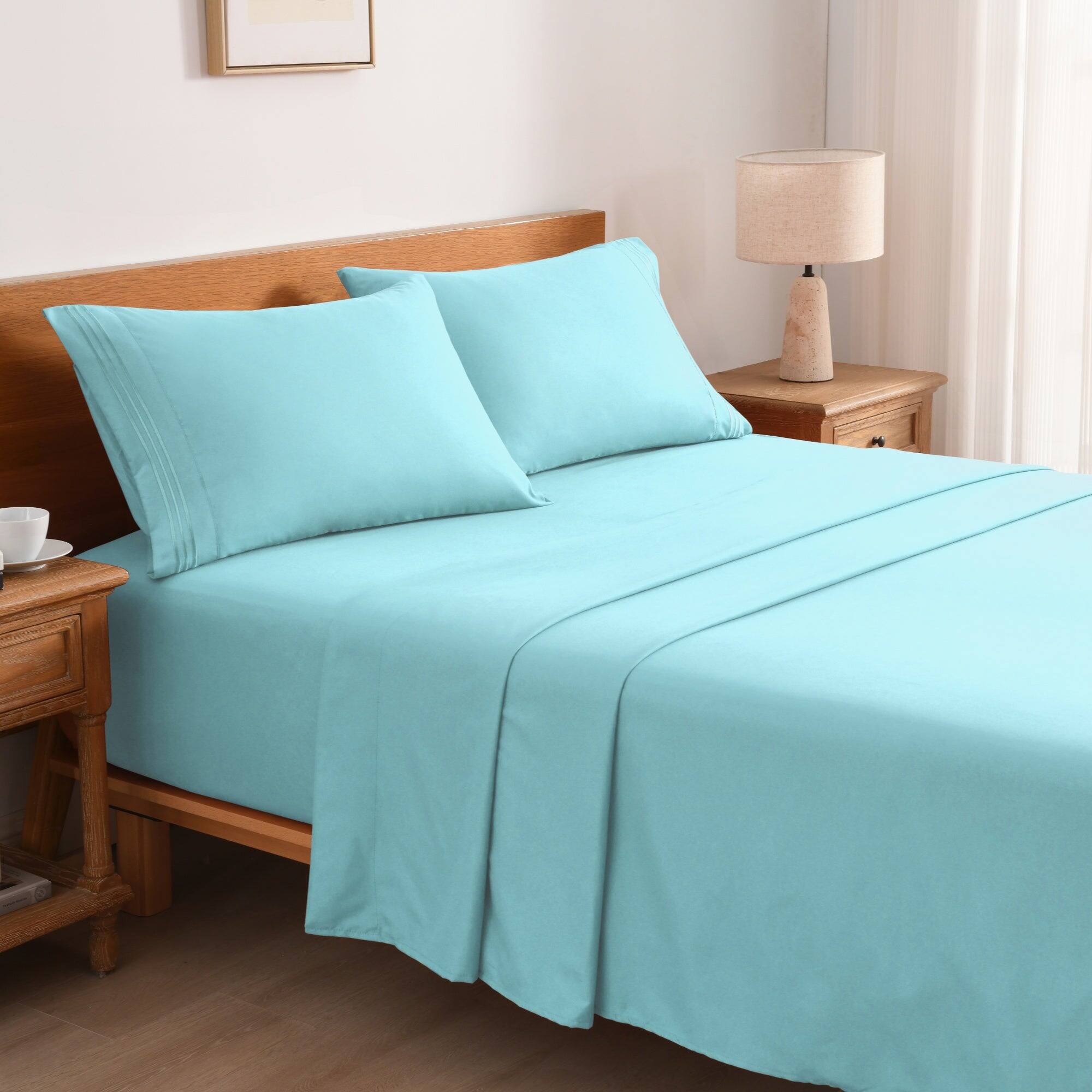 Left. MarCielo - Marcielo 3/4 Pcs Soft Solid & Embroidery Bed Sheets Set - Aqua Blue.
