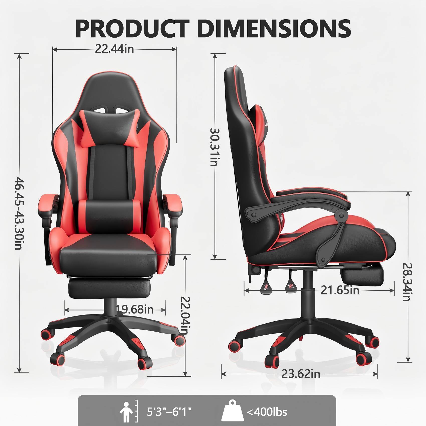PRODUCT DIMENSIONS

- Width: 22.44in
- Height: 46.45-43.30in
- Depth: 19.68in
- Seat Height: 22.04in
- Back Height: 30.31in
- Seat Depth: 21.65in
- Armrest Height: 28.34in
- Base Width: 23.62in

- Height Range: 5'3" - 6'1"
- Weight Capacity: <400lbs