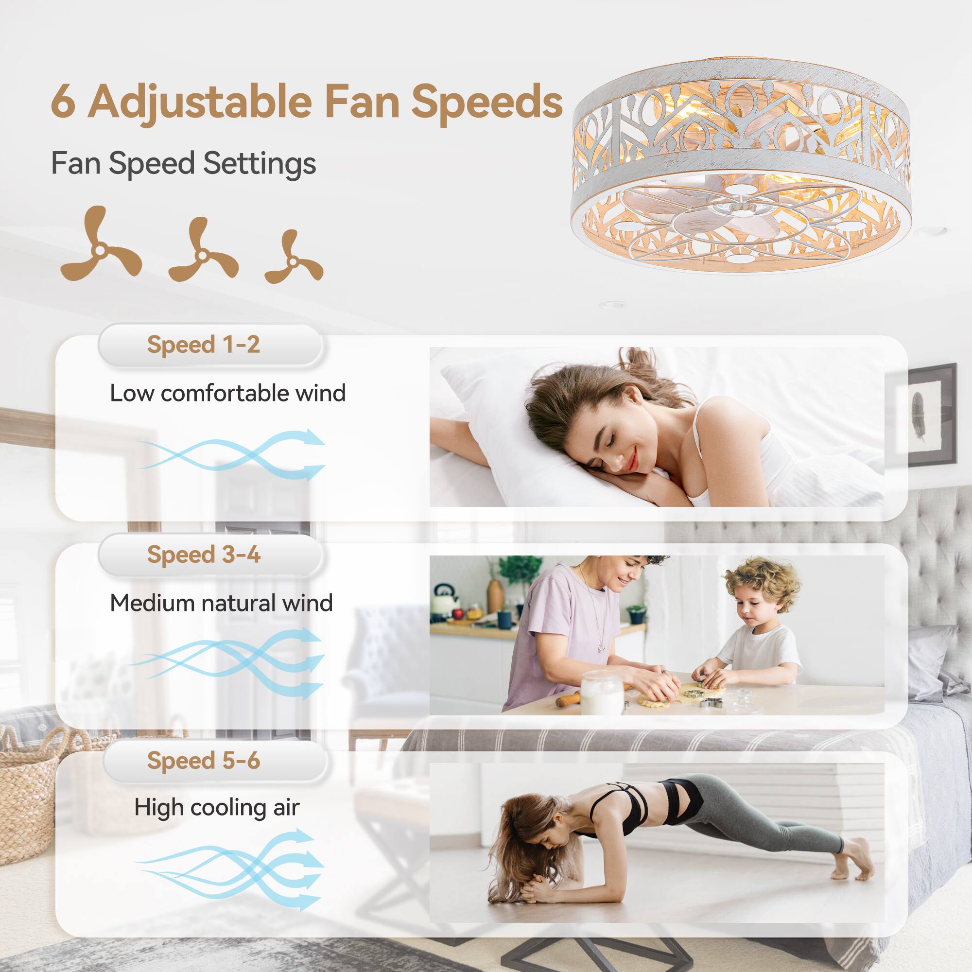 6 Adjustable Fan Speeds
Fan Speed Settings
Speed 1-2 Low comfortable wind
Speed 3-4 Medium natural wind
Speed 5-6 High cooling air